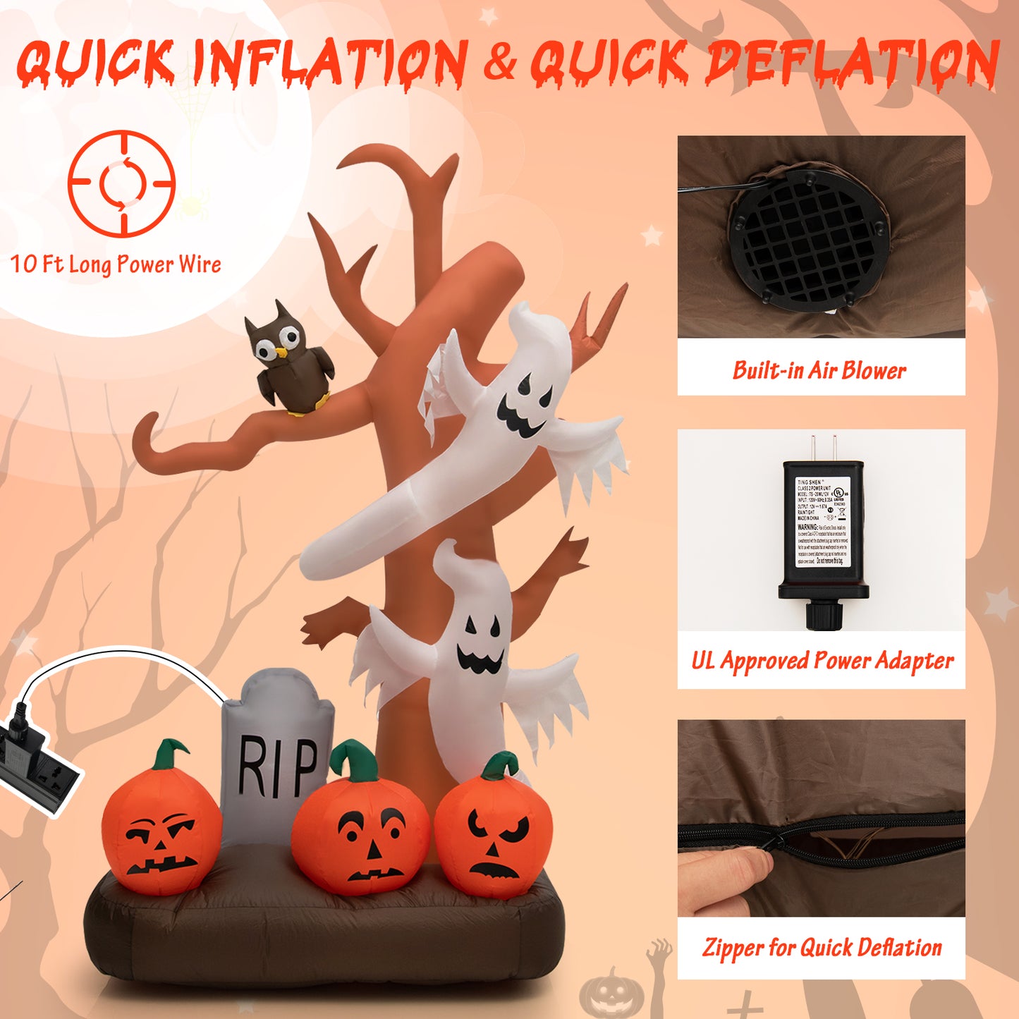 Topbuy 8 FT Tall Halloween Inflatable Tree w/ Ghosts Pumpkins Owl Tombstone Outdoor Indoor Halloween Decoration w/ LED Light Ropes and Stakes for Party Garden Lawn