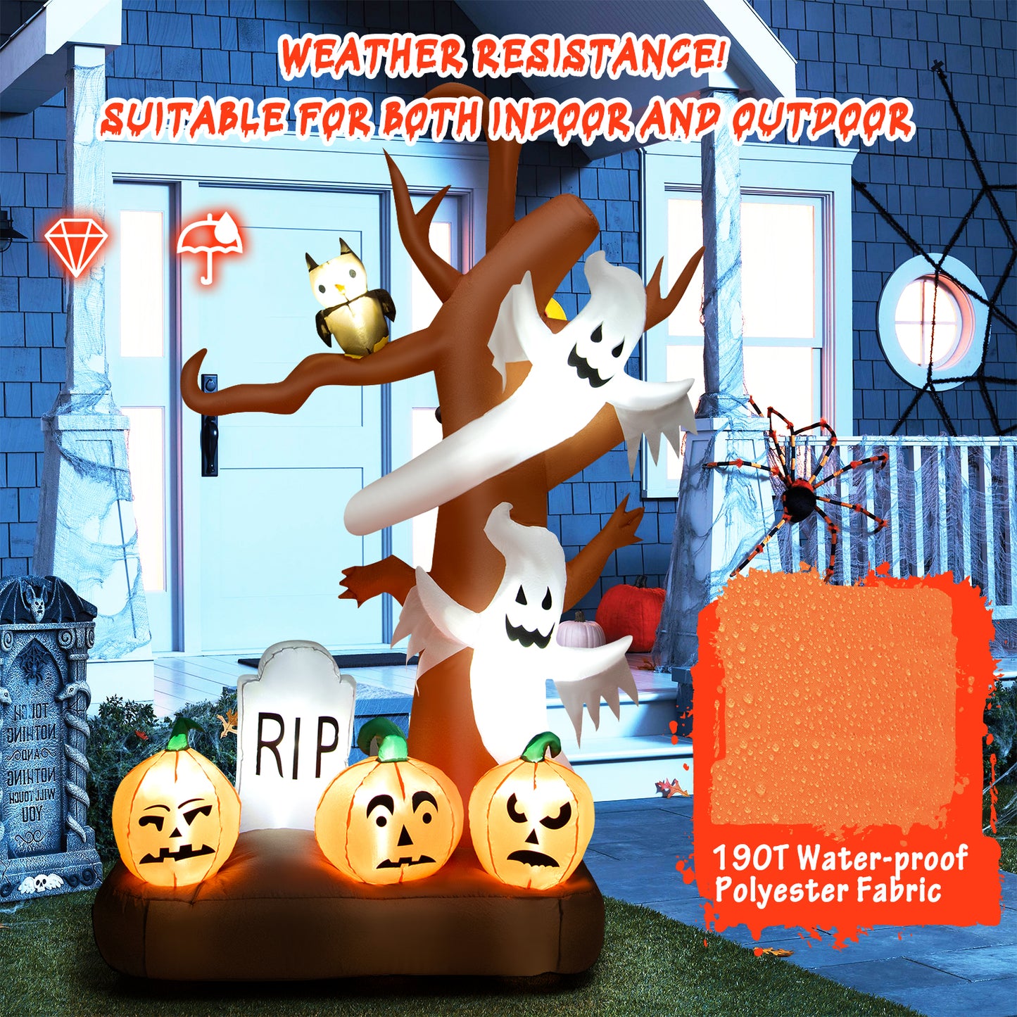 Topbuy 8 FT Tall Halloween Inflatable Tree w/ Ghosts Pumpkins Owl Tombstone Outdoor Indoor Halloween Decoration w/ LED Light Ropes and Stakes for Party Garden Lawn