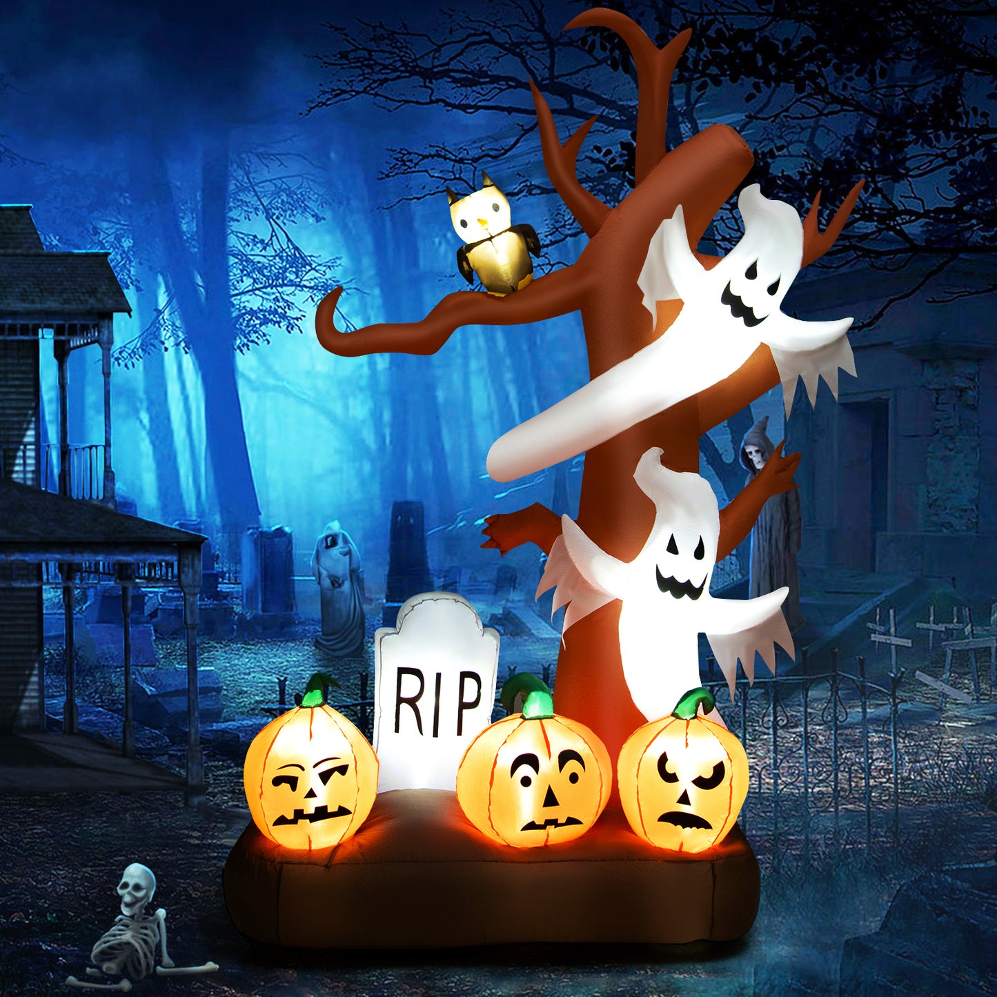 Topbuy 8 FT Tall Halloween Inflatable Tree w/ Ghosts Pumpkins Owl Tombstone Outdoor Indoor Halloween Decoration w/ LED Light Ropes and Stakes for Party Garden Lawn