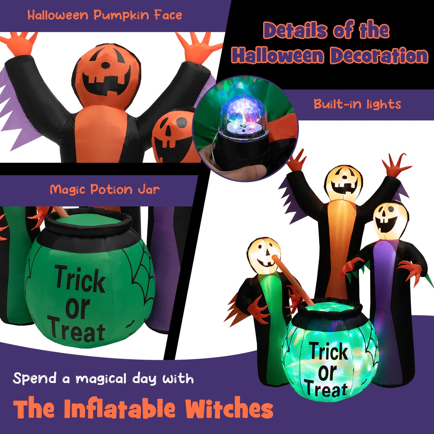 Topbuy 8 FT Tall Halloween Inflatable Decoration w/ Built-in LEDs Three Witch w/ Magic Potion Pot Indoor Outdoor Halloween Decoration w/ Ropes and Stakes for Party Garden Lawn