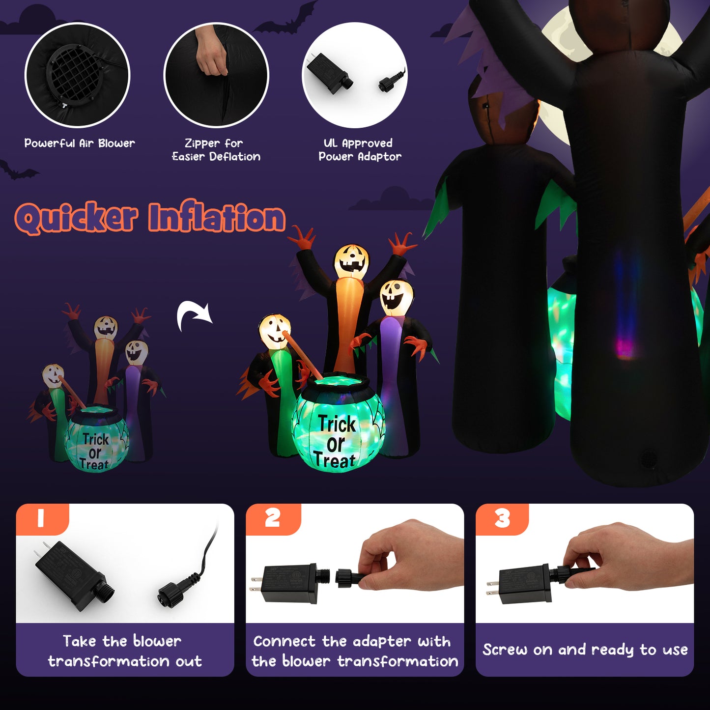 Topbuy 8 FT Tall Halloween Inflatable Decoration w/ Built-in LEDs Three Witch w/ Magic Potion Pot Indoor Outdoor Halloween Decoration w/ Ropes and Stakes for Party Garden Lawn