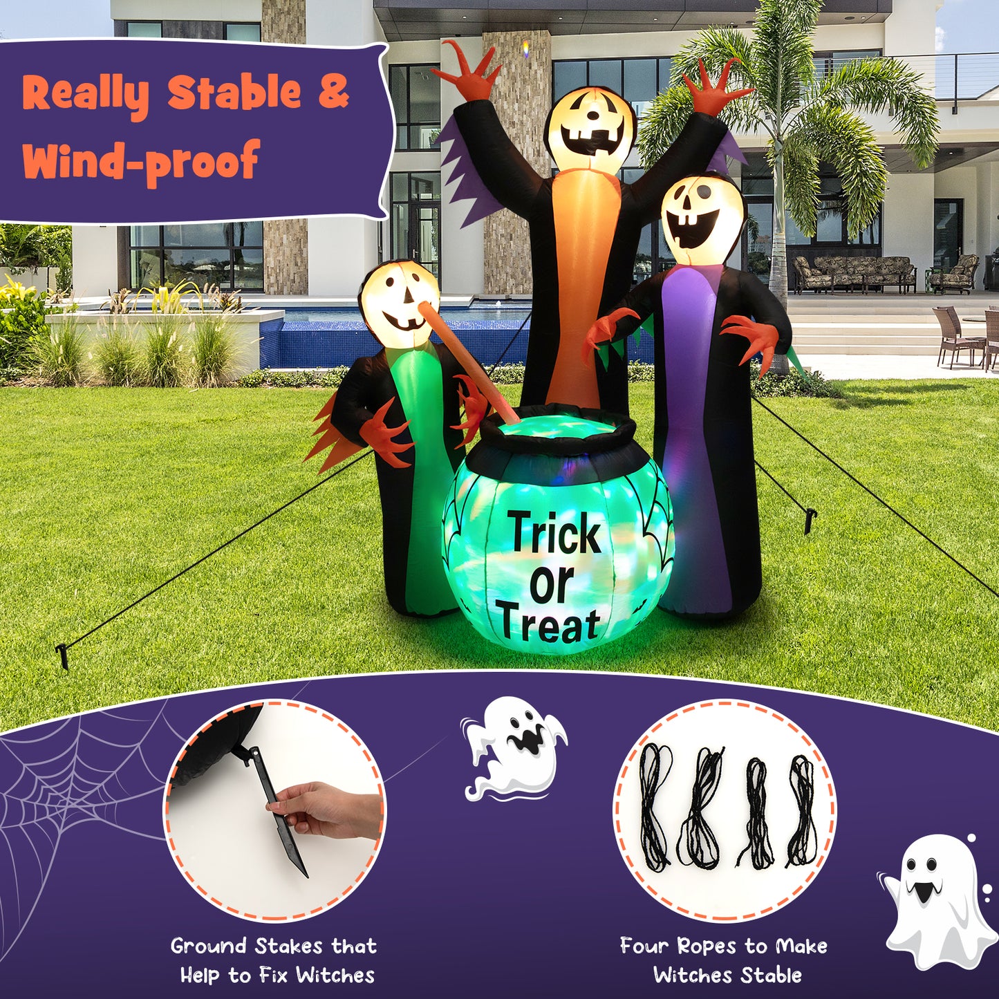Topbuy 8 FT Tall Halloween Inflatable Decoration w/ Built-in LEDs Three Witch w/ Magic Potion Pot Indoor Outdoor Halloween Decoration w/ Ropes and Stakes for Party Garden Lawn
