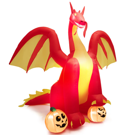 Topbuy 9FT Giant Inflatable Dragon Halloween Inflatable Dragon Decoration w/ 2 Pumpkins Wings Built-in LED Lights & Powerful Blower