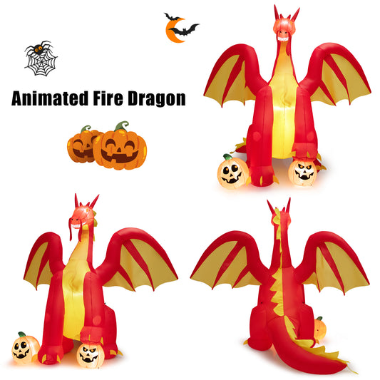 Topbuy 9FT Giant Inflatable Dragon Halloween Inflatable Dragon Decoration w/ 2 Pumpkins Wings Built-in LED Lights & Powerful Blower