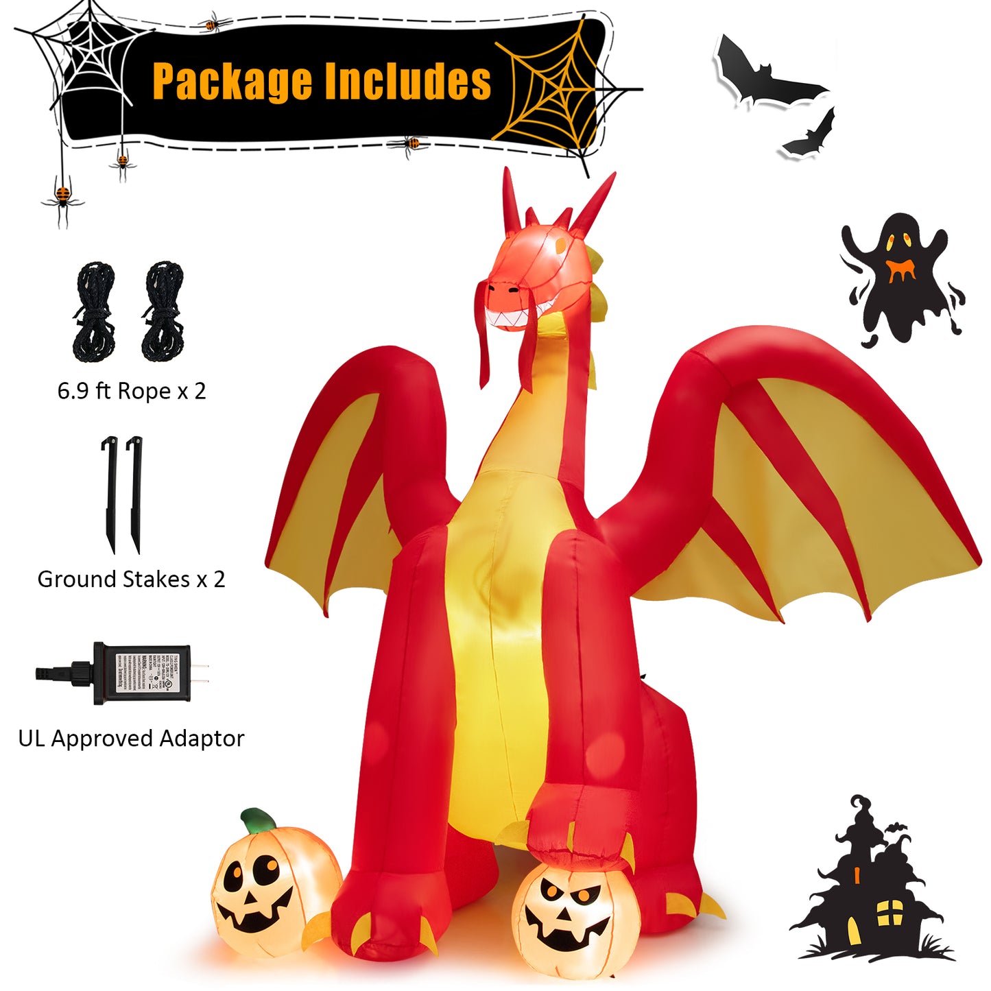 Topbuy 9FT Giant Inflatable Dragon Halloween Inflatable Dragon Decoration w/ 2 Pumpkins Wings Built-in LED Lights & Powerful Blower