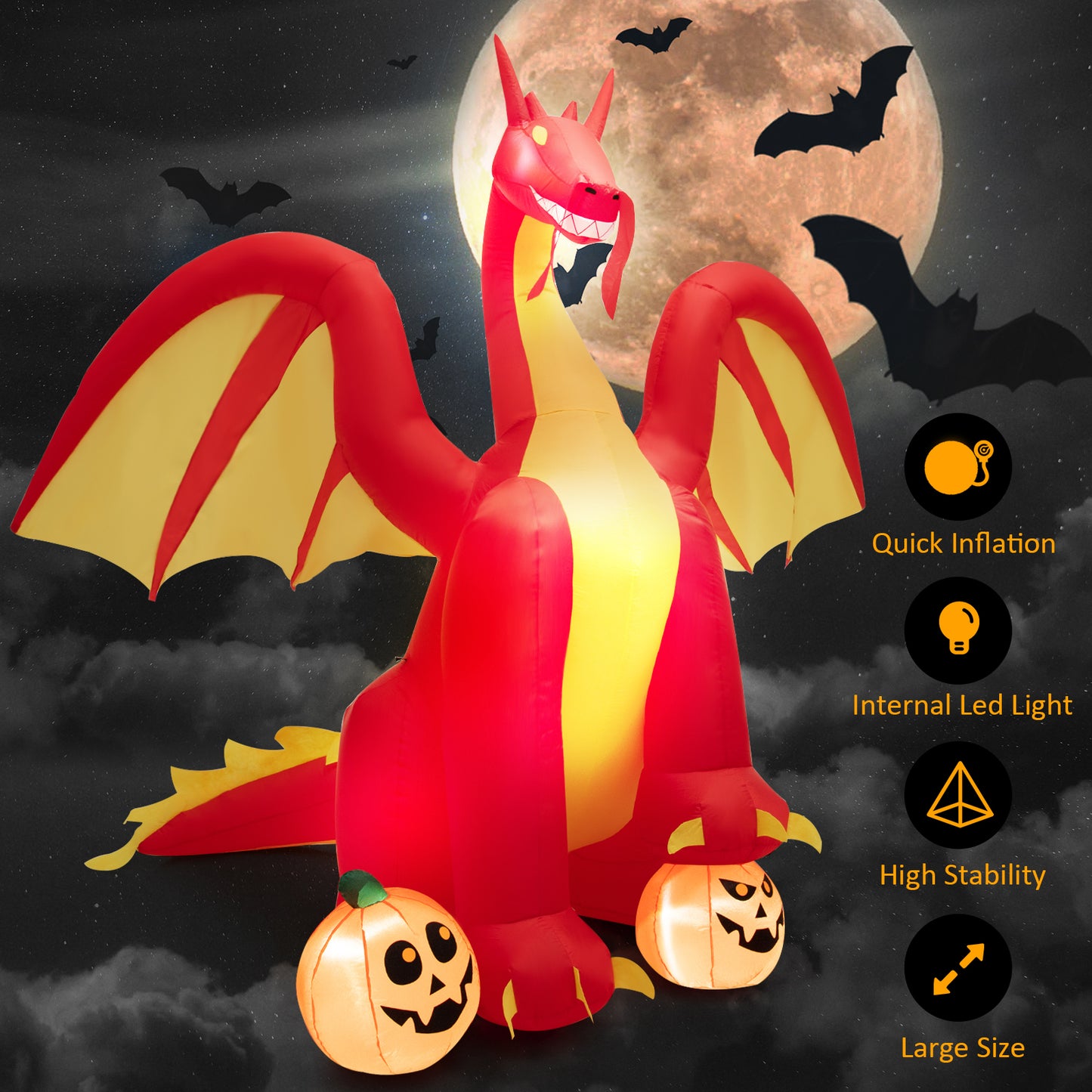 Topbuy 9FT Giant Inflatable Dragon Halloween Inflatable Dragon Decoration w/ 2 Pumpkins Wings Built-in LED Lights & Powerful Blower