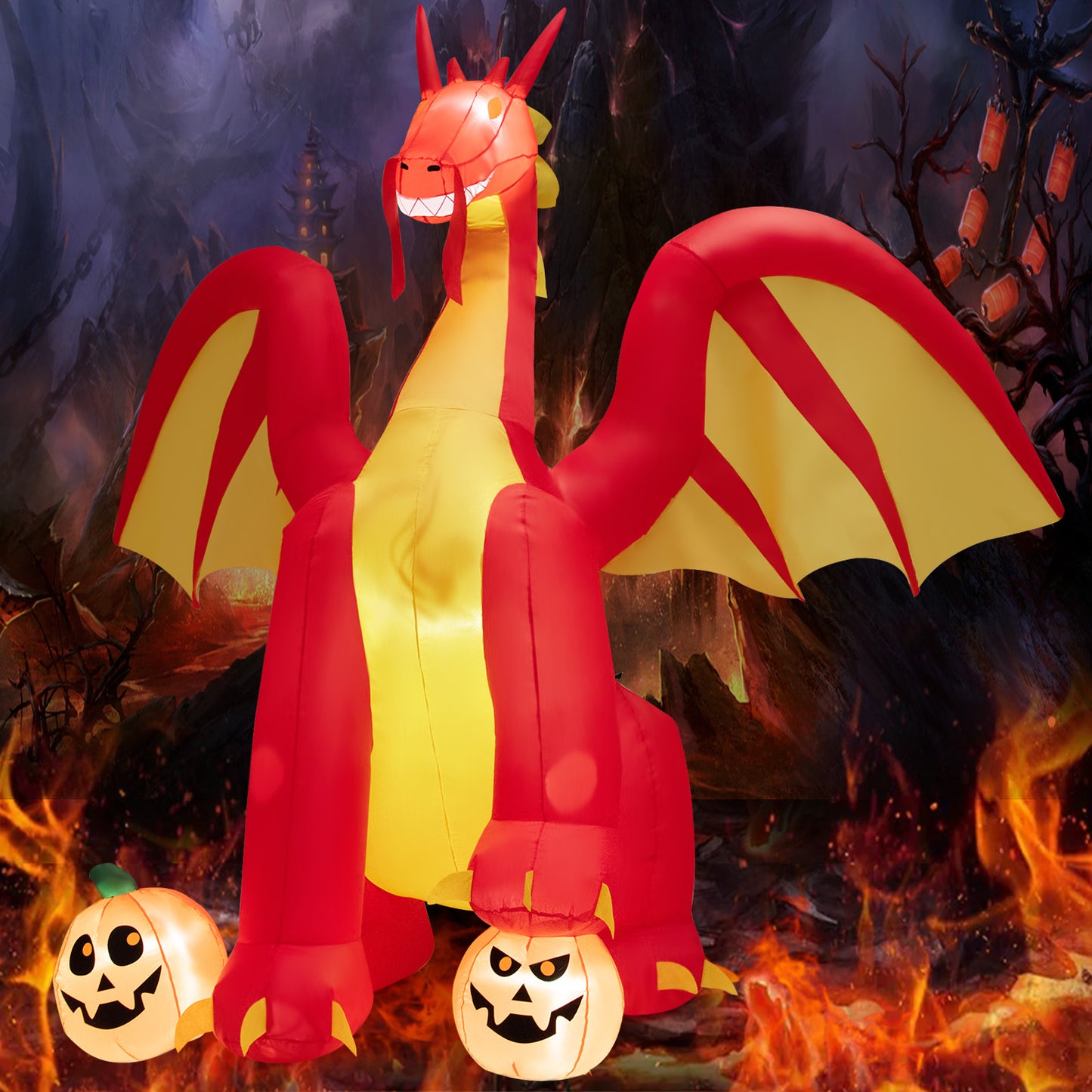 Topbuy 9FT Giant Inflatable Dragon Halloween Inflatable Dragon Decoration w/ 2 Pumpkins Wings Built-in LED Lights & Powerful Blower