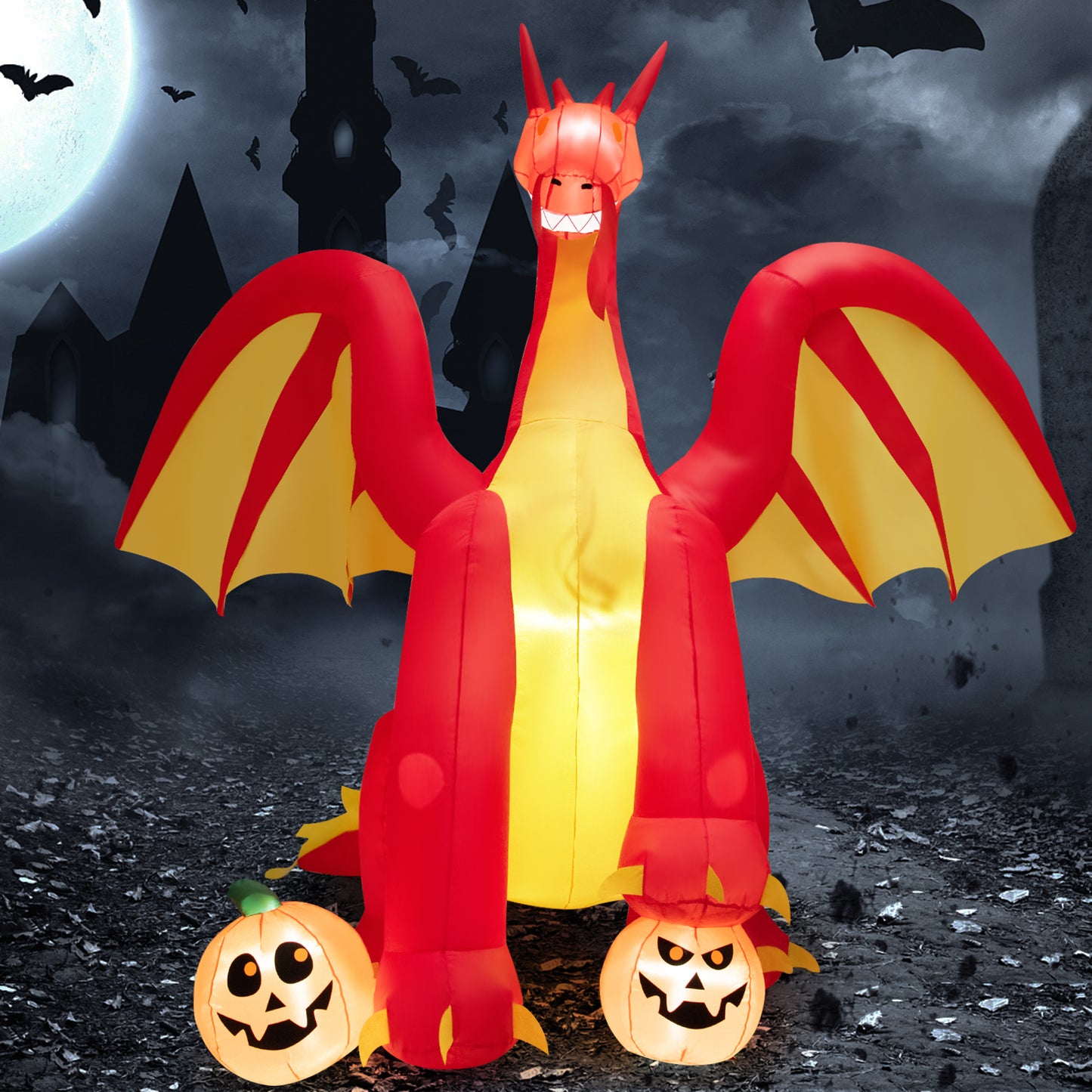 Topbuy 9FT Giant Inflatable Dragon Halloween Inflatable Dragon Decoration w/ 2 Pumpkins Wings Built-in LED Lights & Powerful Blower