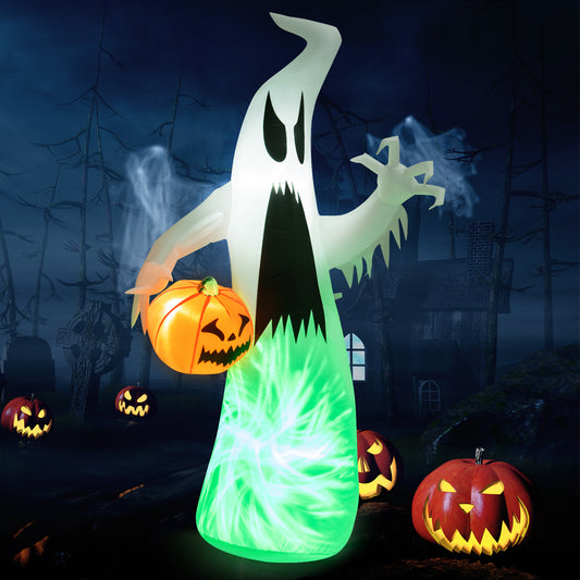 Topbuy 6FT Halloween Inflatables Ghost Holding Pumpkin Blow Up Ghost & Pumpkin Prop with Rotating LED Light Scary Halloween Decorations