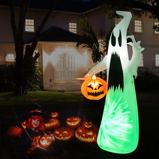 Topbuy 6FT Halloween Inflatables Ghost Holding Pumpkin Blow Up Ghost & Pumpkin Prop with Rotating LED Light Scary Halloween Decorations