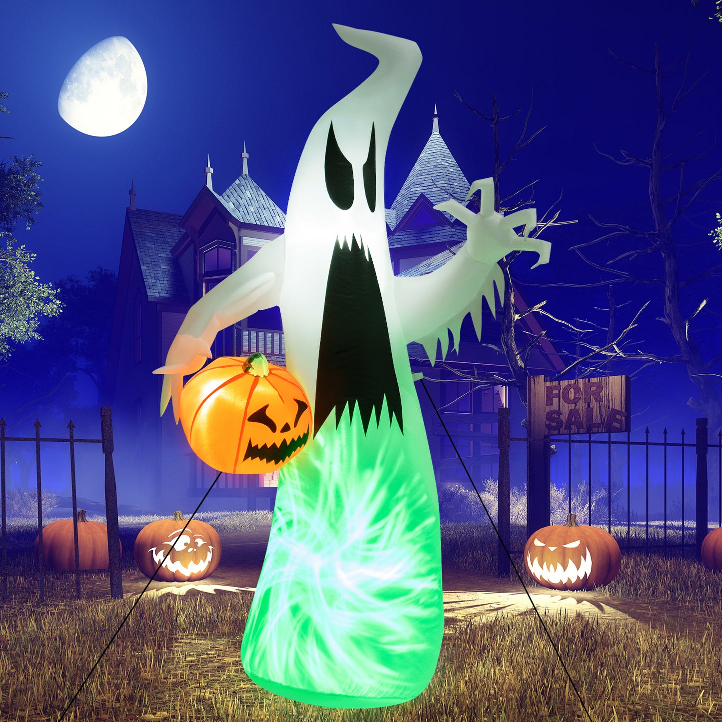 Topbuy 6FT Halloween Inflatables Ghost Holding Pumpkin Blow Up Ghost & Pumpkin Prop with Rotating LED Light Scary Halloween Decorations