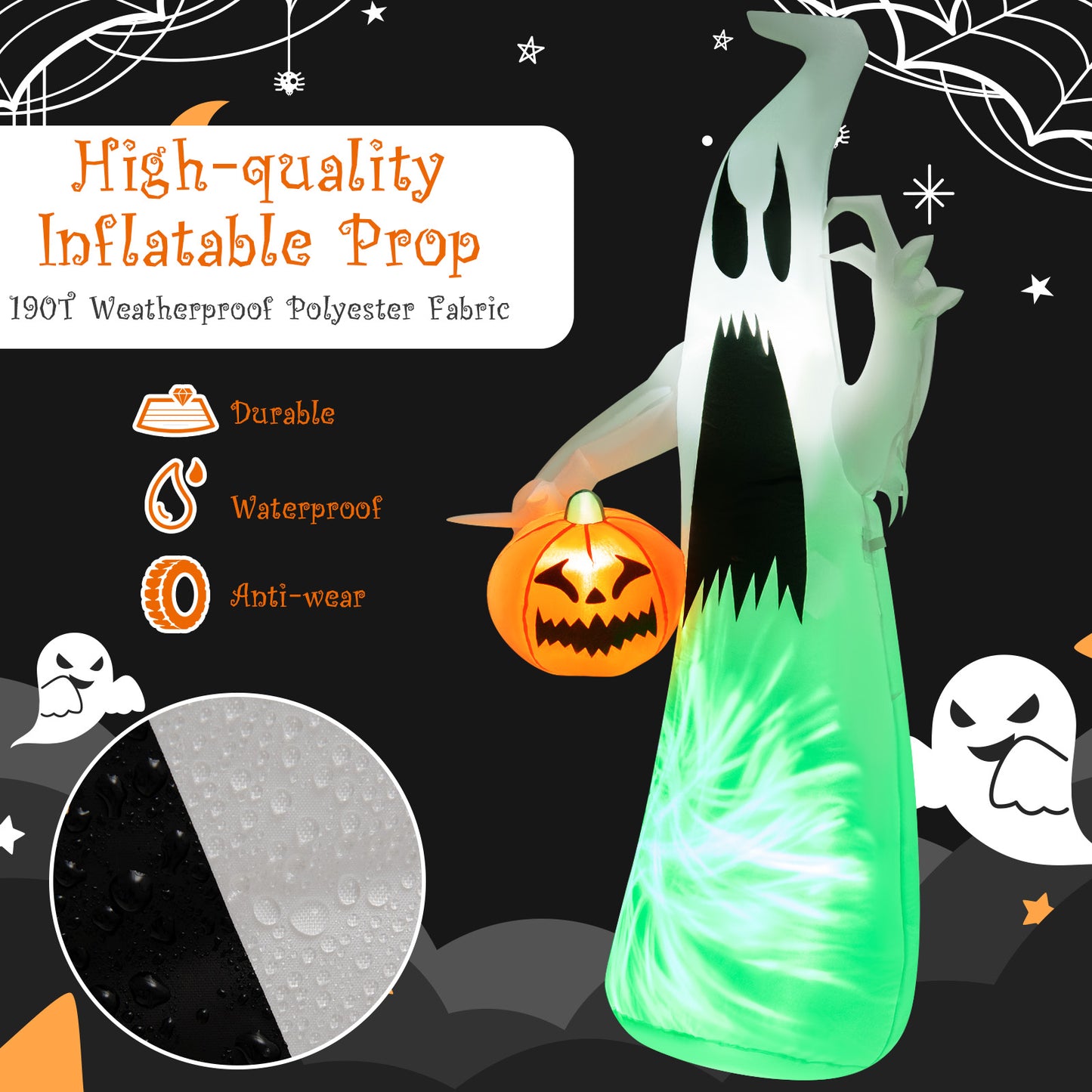 Topbuy 6FT Halloween Inflatables Ghost Holding Pumpkin Blow Up Ghost & Pumpkin Prop with Rotating LED Light Scary Halloween Decorations