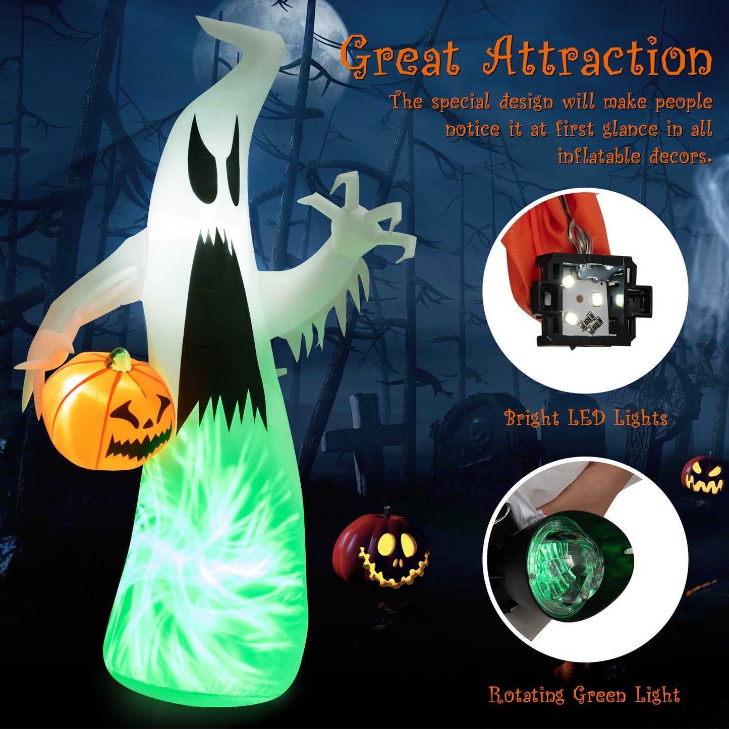 Topbuy 6FT Halloween Inflatables Ghost Holding Pumpkin Blow Up Ghost & Pumpkin Prop with Rotating LED Light Scary Halloween Decorations