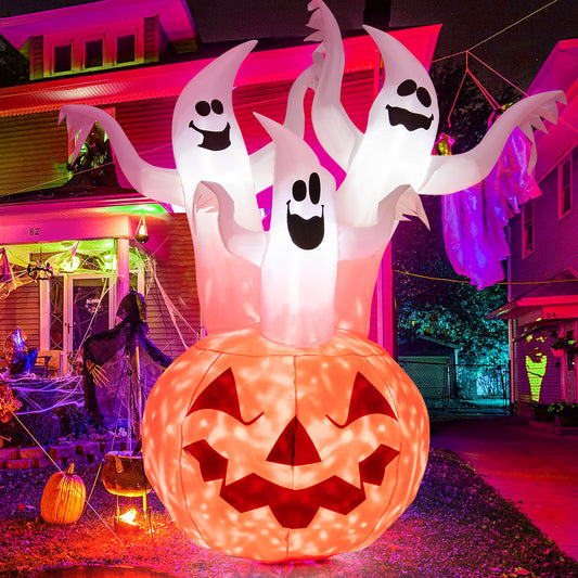 Topbuy 6FT Halloween Inflatable Decorations 3 White Ghosts on Pumpkin Spooky Halloween Blow Up Pumpkin Ghost Decor w/ Build-in LED Lights
