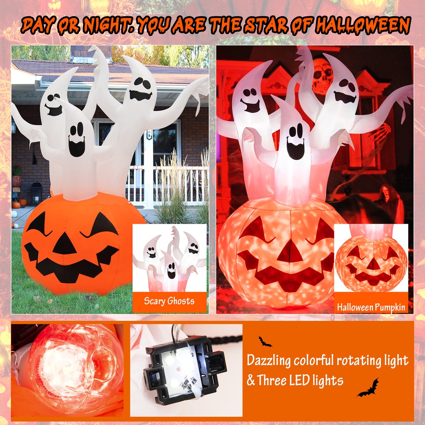 Topbuy 6FT Halloween Inflatable Decorations 3 White Ghosts on Pumpkin Spooky Halloween Blow Up Pumpkin Ghost Decor w/ Build-in LED Lights