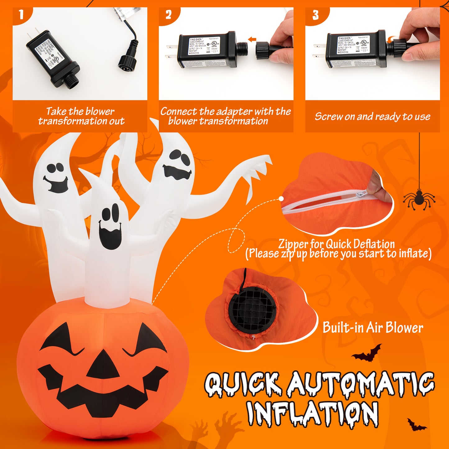 Topbuy 6FT Halloween Inflatable Decorations 3 White Ghosts on Pumpkin Spooky Halloween Blow Up Pumpkin Ghost Decor w/ Build-in LED Lights