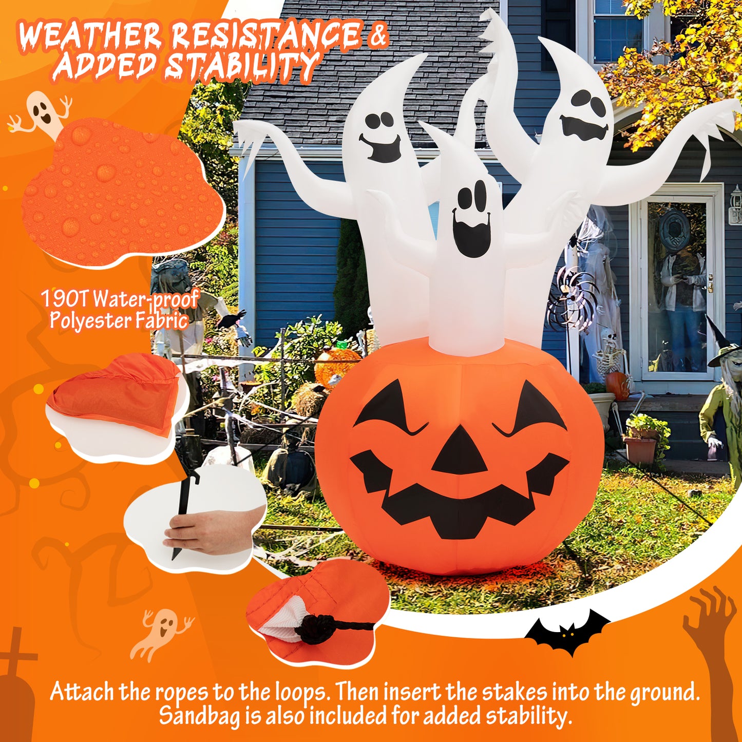 Topbuy 6FT Halloween Inflatable Decorations 3 White Ghosts on Pumpkin Spooky Halloween Blow Up Pumpkin Ghost Decor w/ Build-in LED Lights