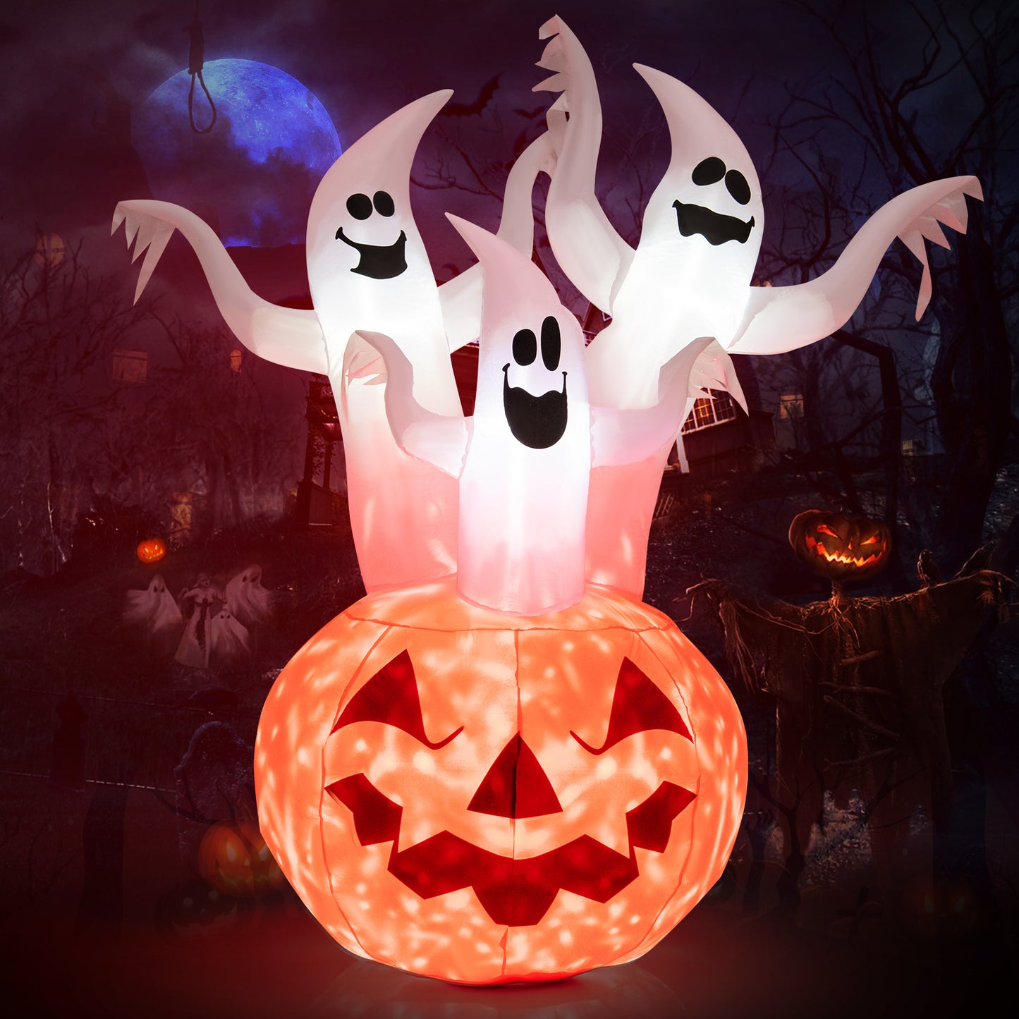 Topbuy 6FT Halloween Inflatable Decorations 3 White Ghosts on Pumpkin Spooky Halloween Blow Up Pumpkin Ghost Decor w/ Build-in LED Lights