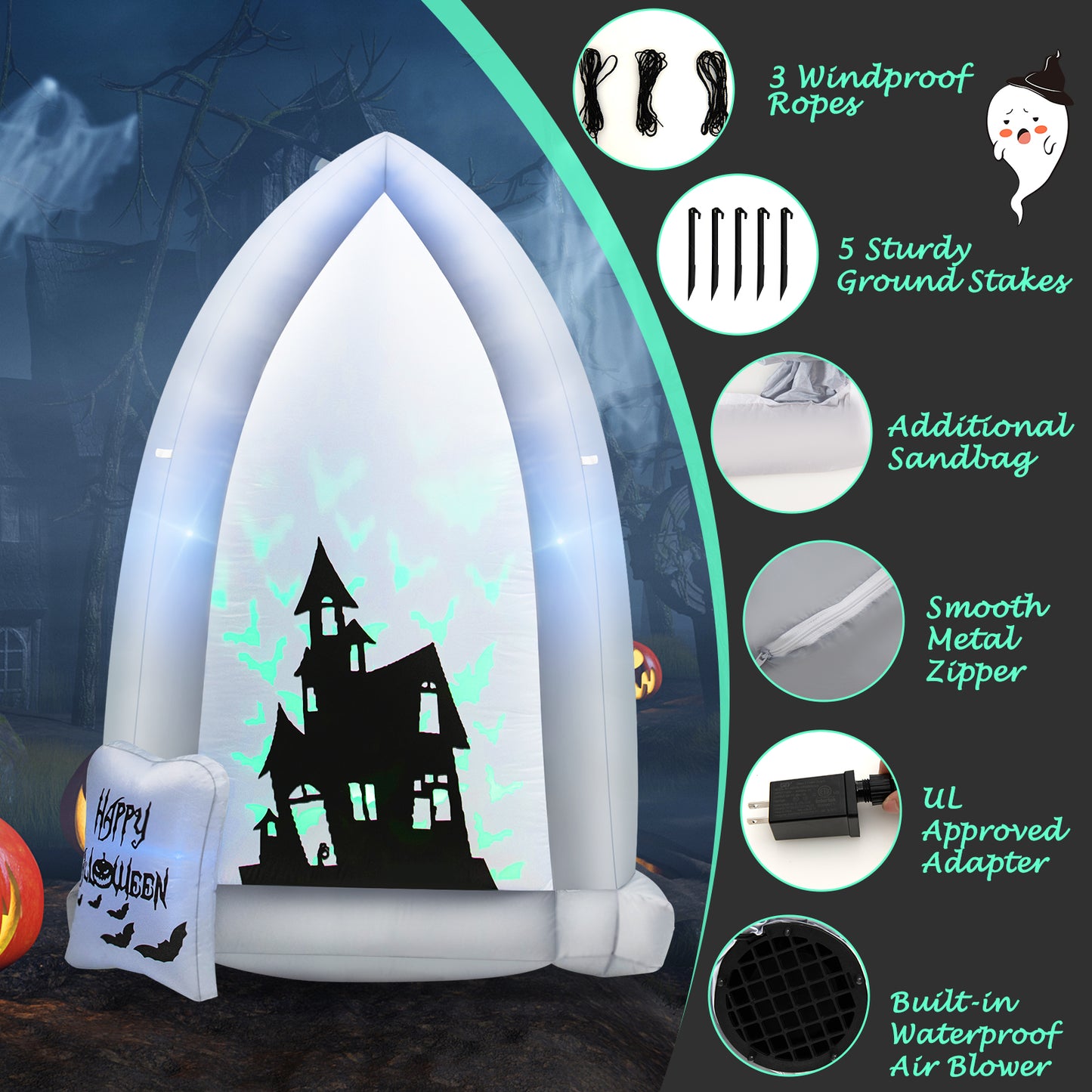 Topbuy 7FT Halloween Inflatable Decoration Outdoor Blow Up Tombstone w/ Waterproof Air Blower Built-in LED Lights