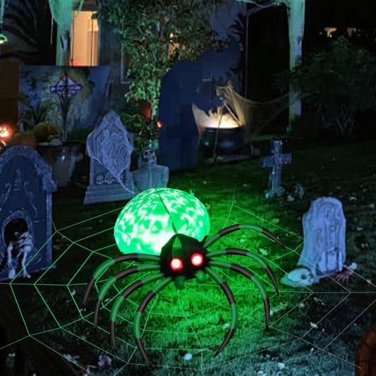 Topbuy Halloween Inflatable Spider with Cobweb Creepy Blow-up Spider with LED Rotating LED Light Green Black Legs Waterproof Halloween Decoration