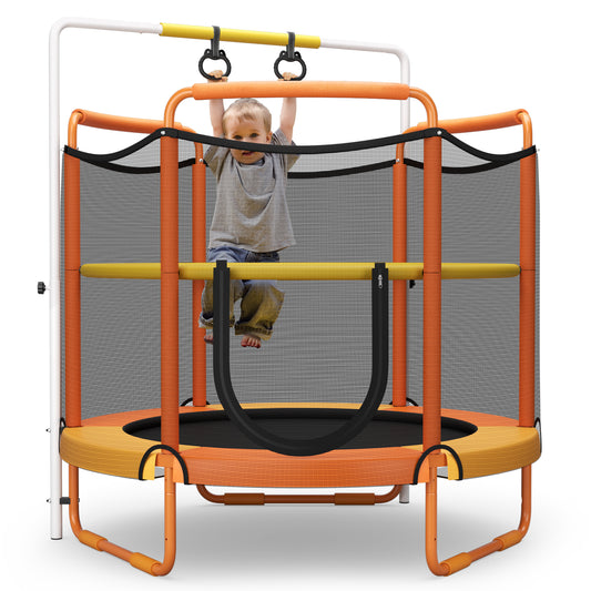 Topbuy 60 Inch Kids Trampoline, 330 LBS 3-in-1 Trampoline w/ Swinging Rings 3-Level Height Adjustable Horizontal Bar