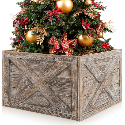 Topbuy 24''L Wooden Tree Collar Box 100% Solid Wood Christmas Farmhouse Wooden Tree Box W/ Hook & Loop Fasteners Grey/Brown