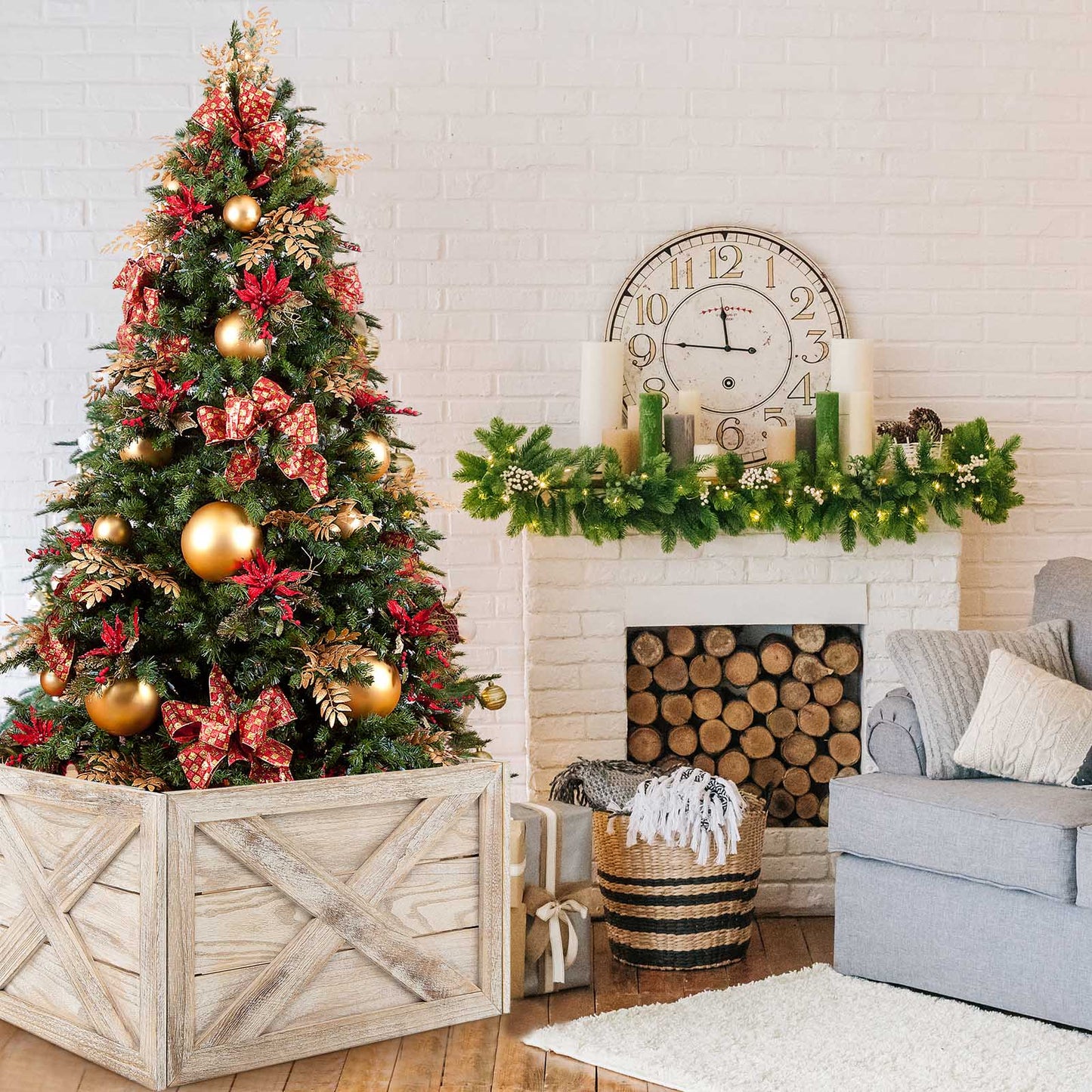 Topbuy 24''L Wooden Tree Collar Box 100% Solid Wood Christmas Farmhouse Wooden Tree Box W/ Hook & Loop Fasteners Grey/Brown