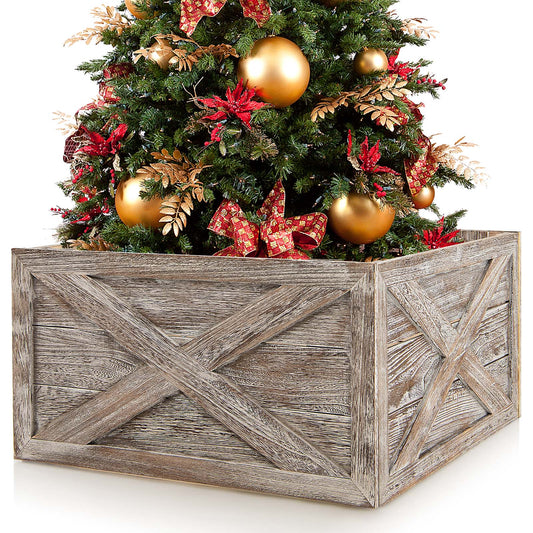 Topbuy 28.5''L Wooden Tree Collar Box 100% Solid Wood Christmas Farmhouse Wooden Tree Box W/ Hook & Loop Fasteners Grey/Brown