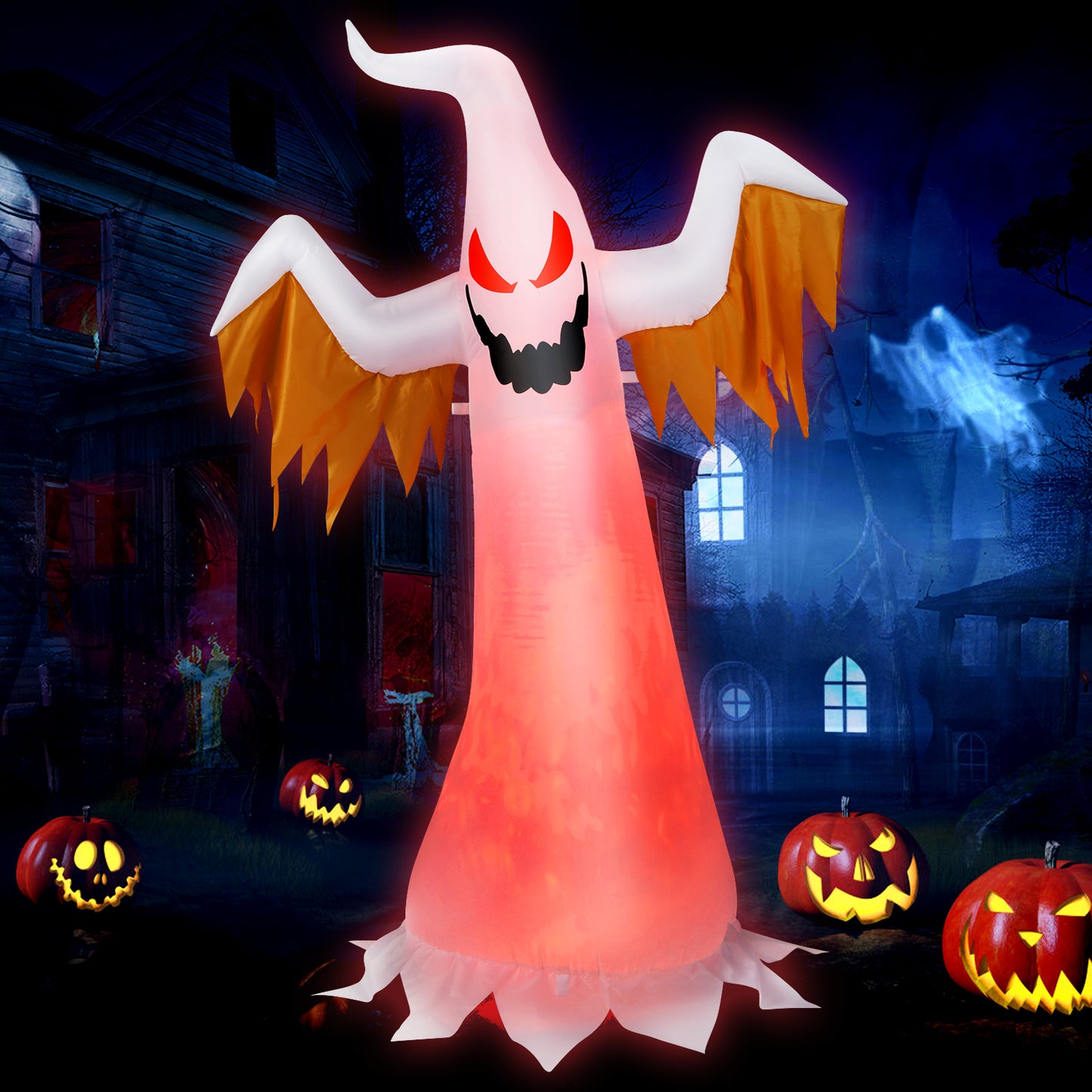 Topbuy 6FT Tall Halloween Inflatable Decoration Blow Up Fire Ghost Built-in Flame LED Light Self-inflate Ghost w/ Sandbags & Ropes & Ground Stakes