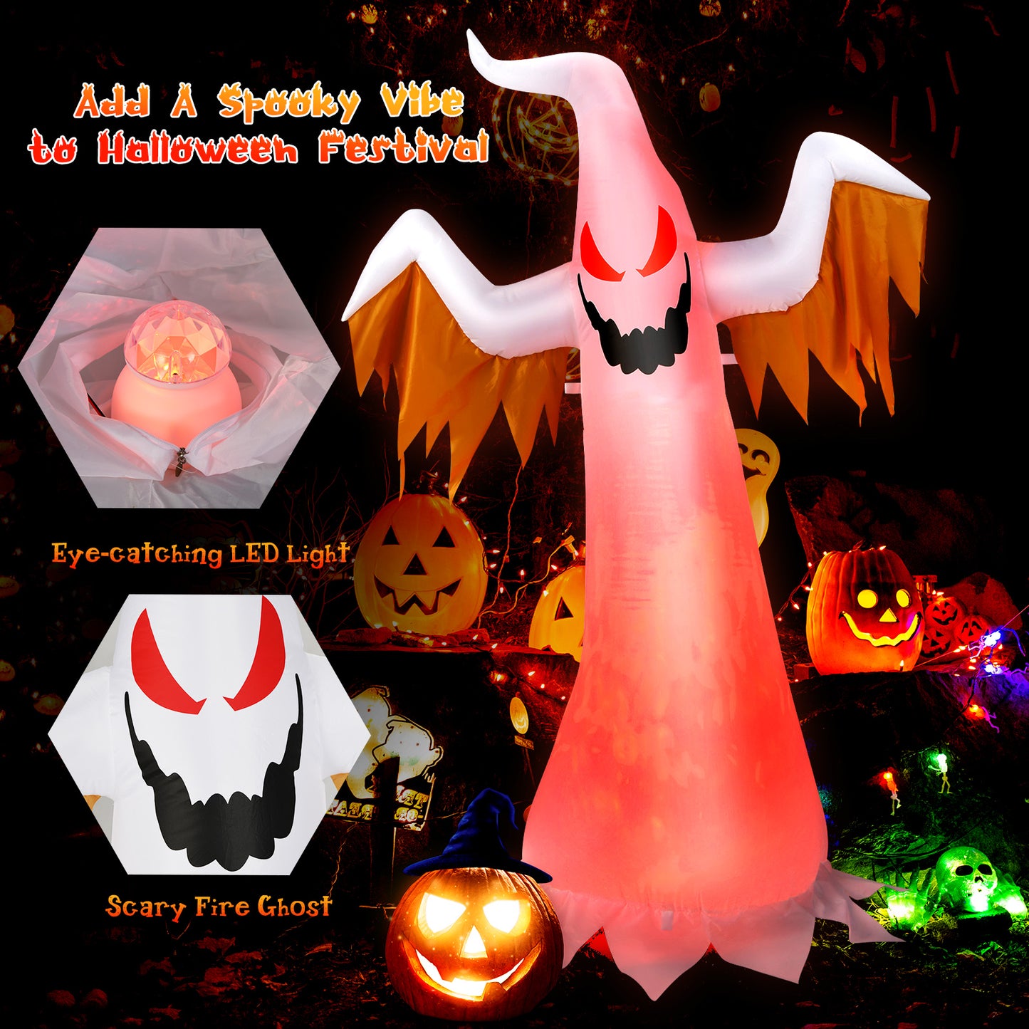 Topbuy 6FT Tall Halloween Inflatable Decoration Blow Up Fire Ghost Built-in Flame LED Light Self-inflate Ghost w/ Sandbags & Ropes & Ground Stakes
