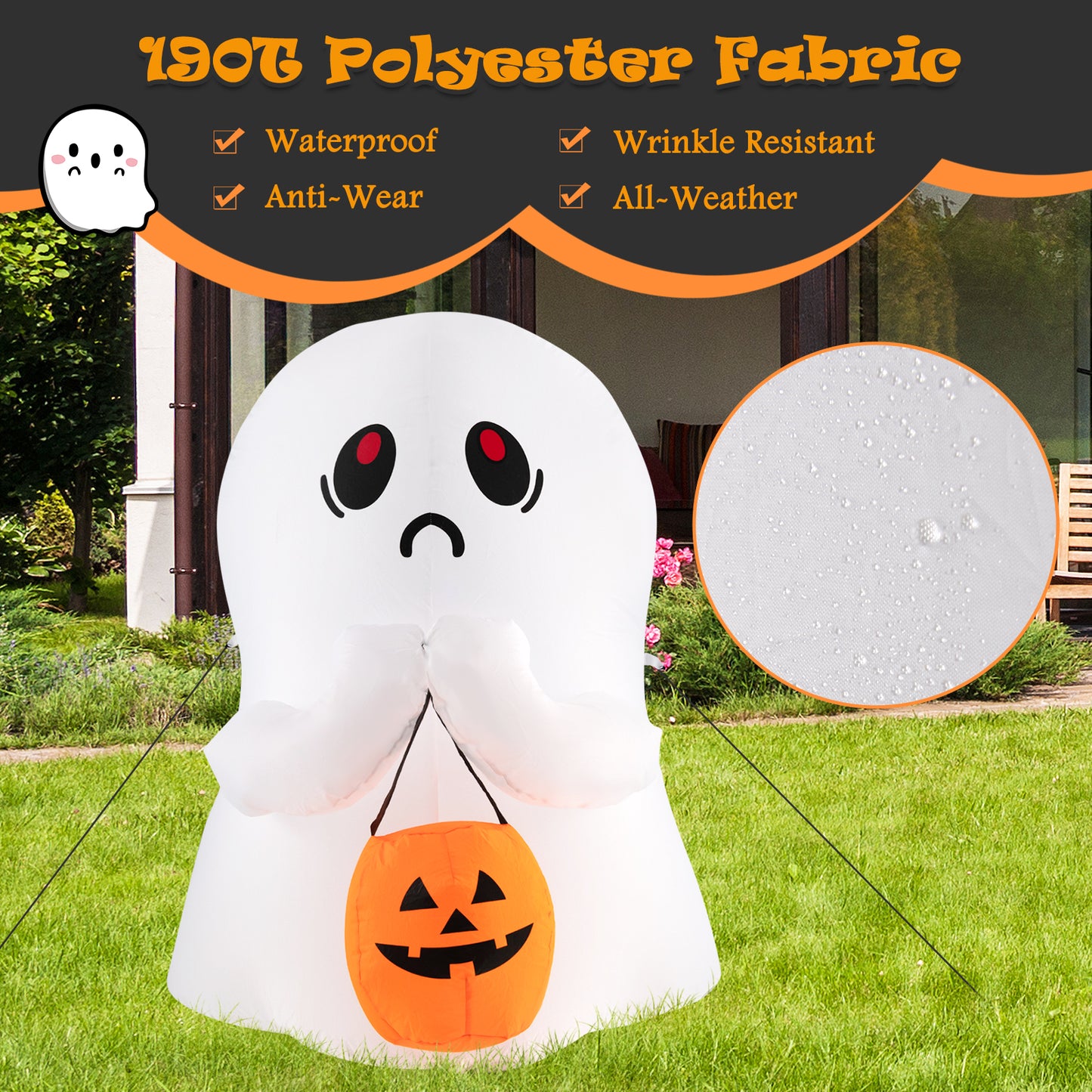 Topbuy 4 FT Halloween Inflatable Decoration, Colorful Inflatable Ghost with Pumpkin Lantern Built-in Flashing LED Lights & Waterproof Air Blower
