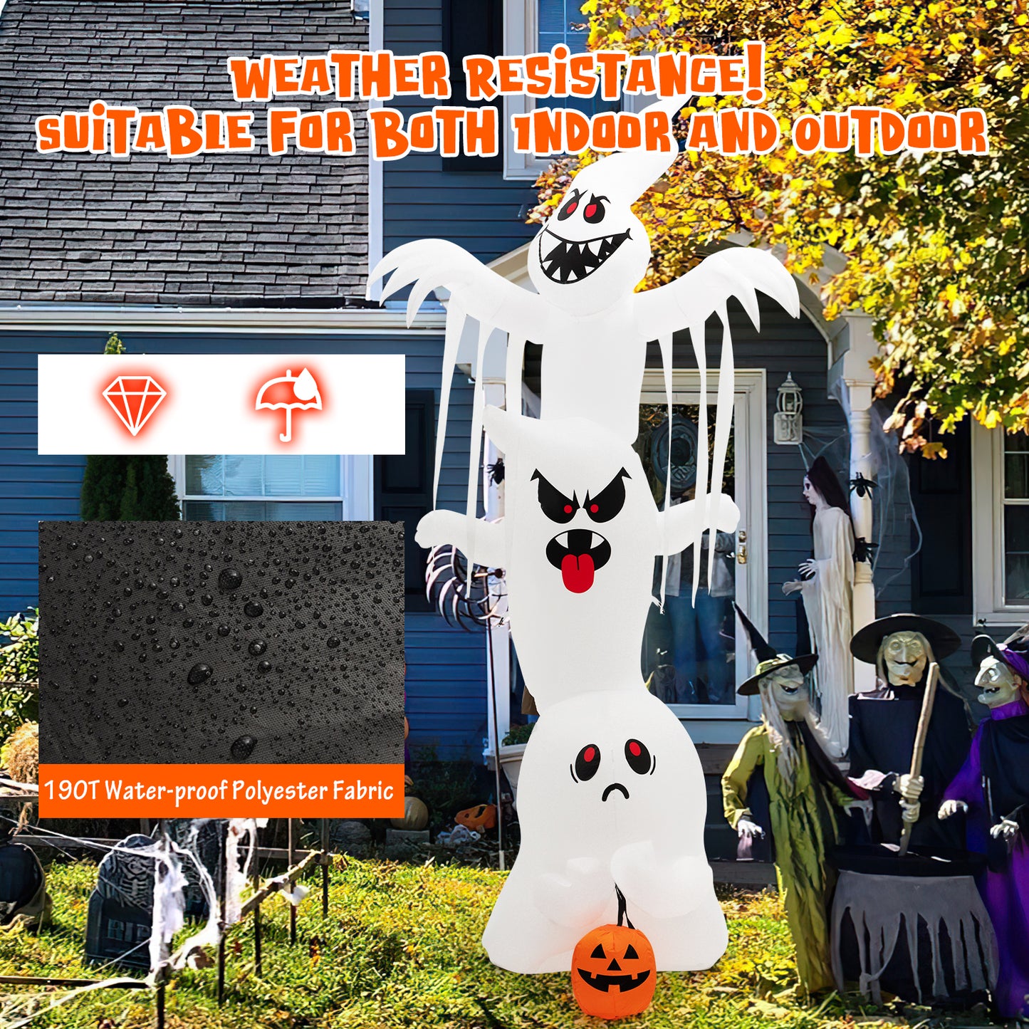 Topbuy 10FT Tall Halloween Inflatable Stacked Ghosts w/ Built-in RGB Lights Inflatable Overlap Ghosts Halloween Decor w/ Ropes & Stakes