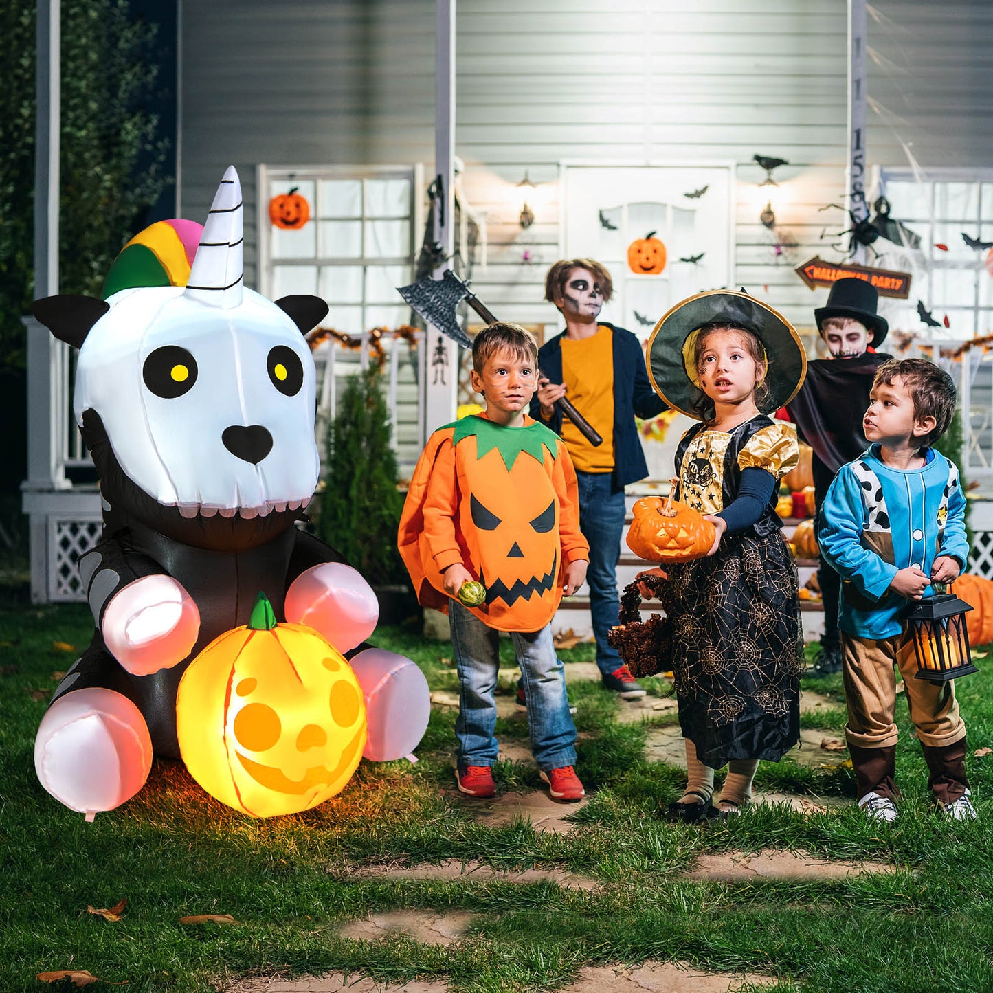 Topbuy 5FT Tall Halloween Inflatable Decoration Inflatable Skeleton Unicorn with Pumpkin Lantern Built-in LED Lights & Waterproof Air Blower