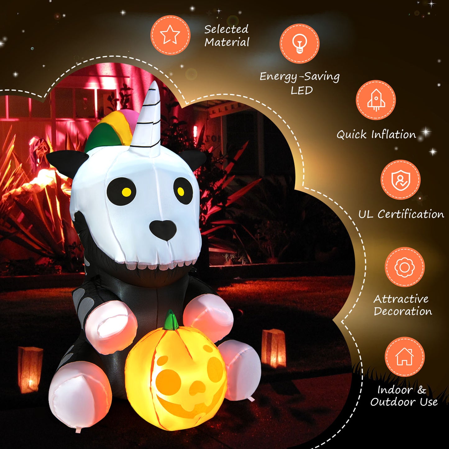 Topbuy 5FT Tall Halloween Inflatable Decoration Inflatable Skeleton Unicorn with Pumpkin Lantern Built-in LED Lights & Waterproof Air Blower