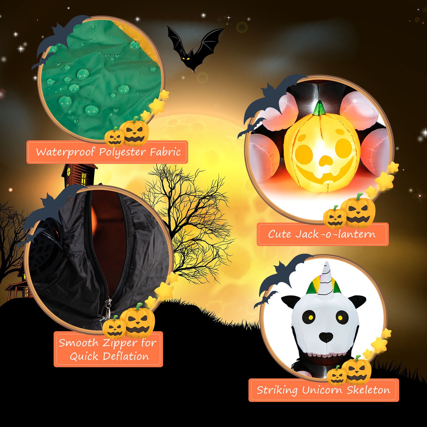 Topbuy 5FT Tall Halloween Inflatable Decoration Inflatable Skeleton Unicorn with Pumpkin Lantern Built-in LED Lights & Waterproof Air Blower