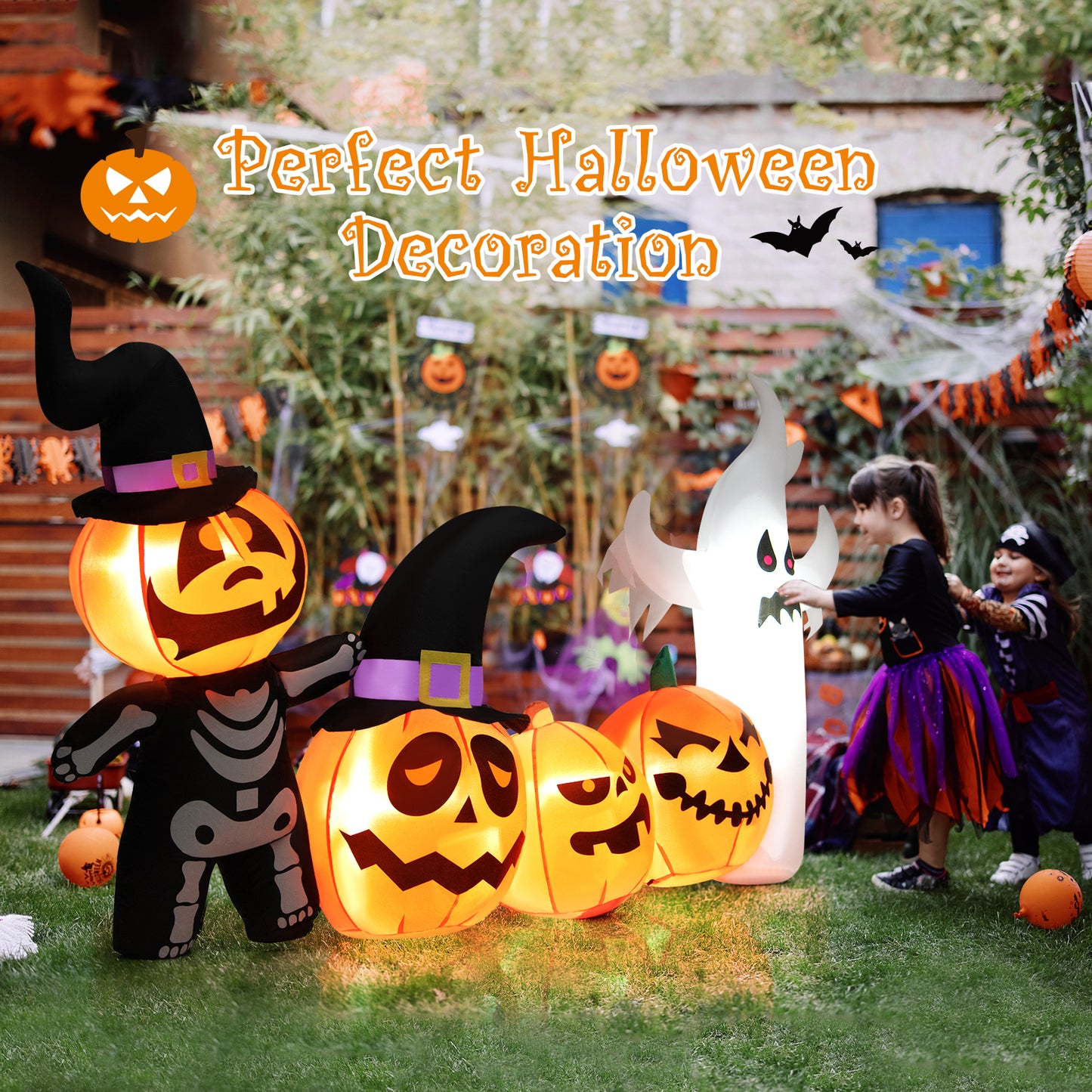 Topbuy 8FT Length Halloween Inflatable Decoration w/Built-in LED & Blower Pumpkin Combo w/ a Ghost Blow Up Yard Decoration Inflates Decor W/ Tethers