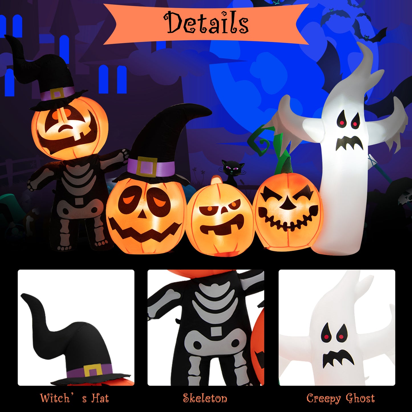 Topbuy 8FT Length Halloween Inflatable Decoration w/Built-in LED & Blower Pumpkin Combo w/ a Ghost Blow Up Yard Decoration Inflates Decor W/ Tethers