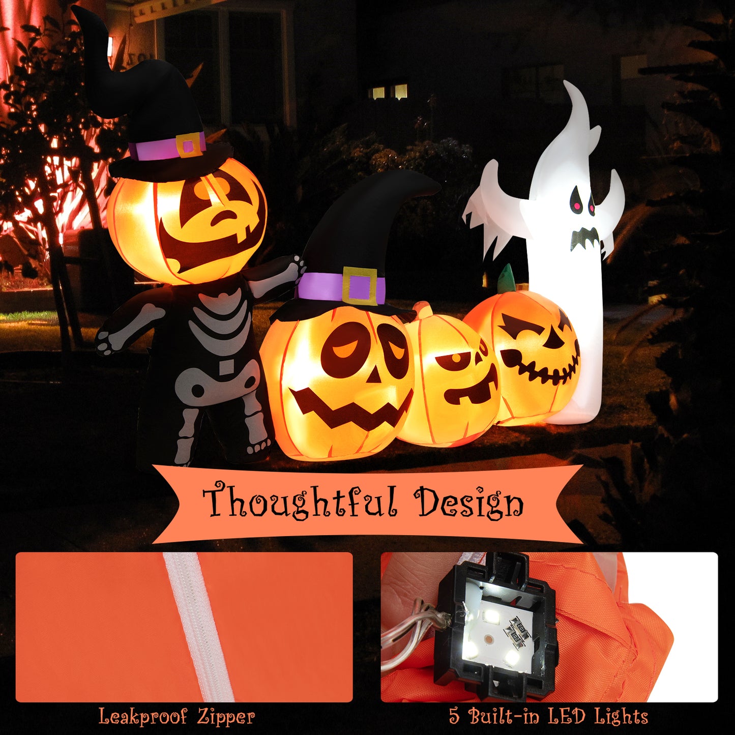 Topbuy 8FT Length Halloween Inflatable Decoration w/Built-in LED & Blower Pumpkin Combo w/ a Ghost Blow Up Yard Decoration Inflates Decor W/ Tethers
