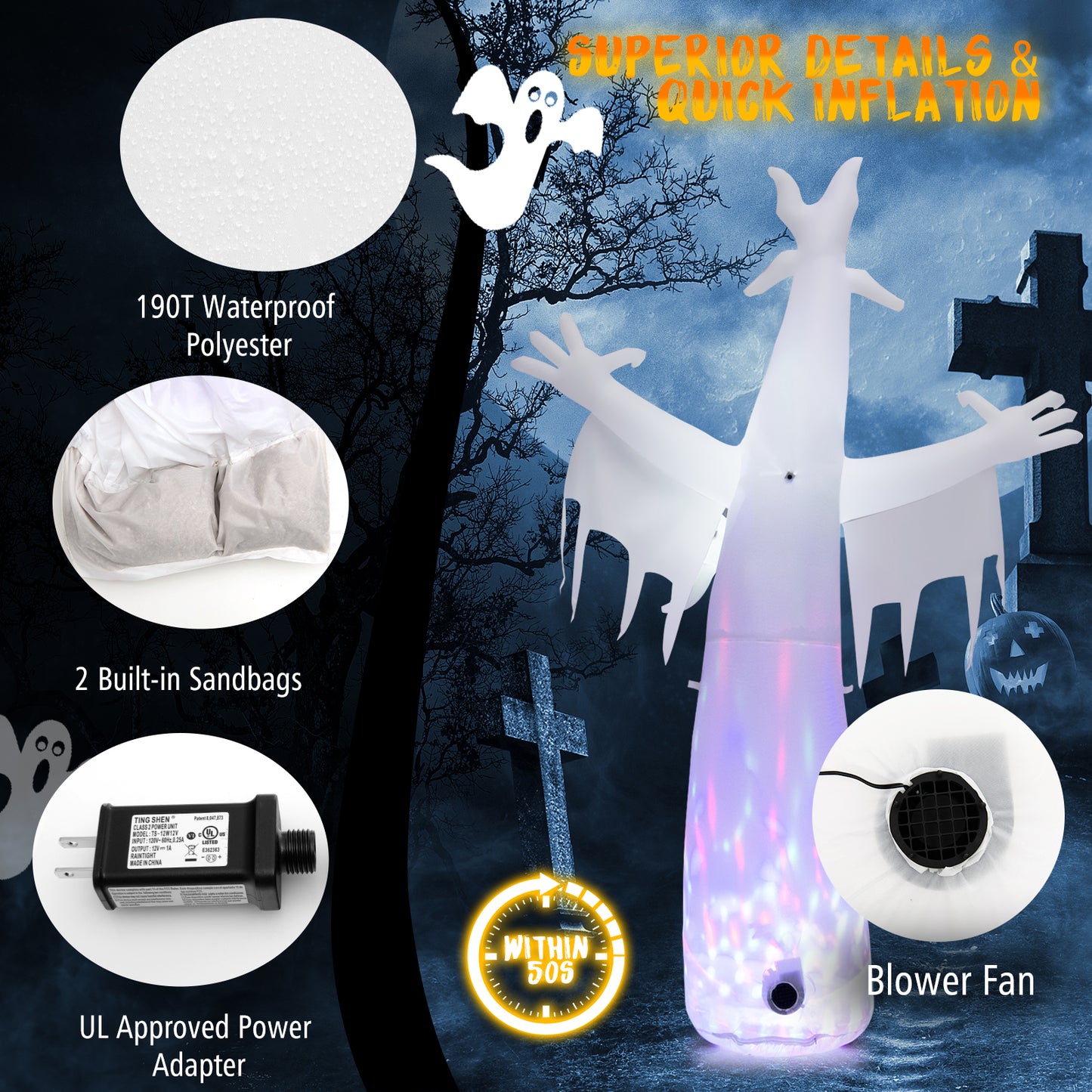 Topbuy 8FT Giant Halloween Inflatable Ghost Blow-up Yard Decoration with Built-in LED Lights & Magic Rotating Lamp Easy Inflation Waterproof Blower