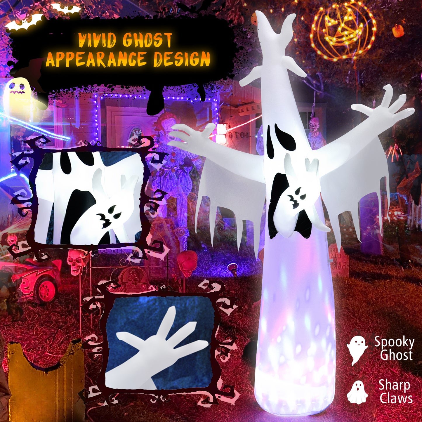 Topbuy 8FT Giant Halloween Inflatable Ghost Blow-up Yard Decoration with Built-in LED Lights & Magic Rotating Lamp Easy Inflation Waterproof Blower