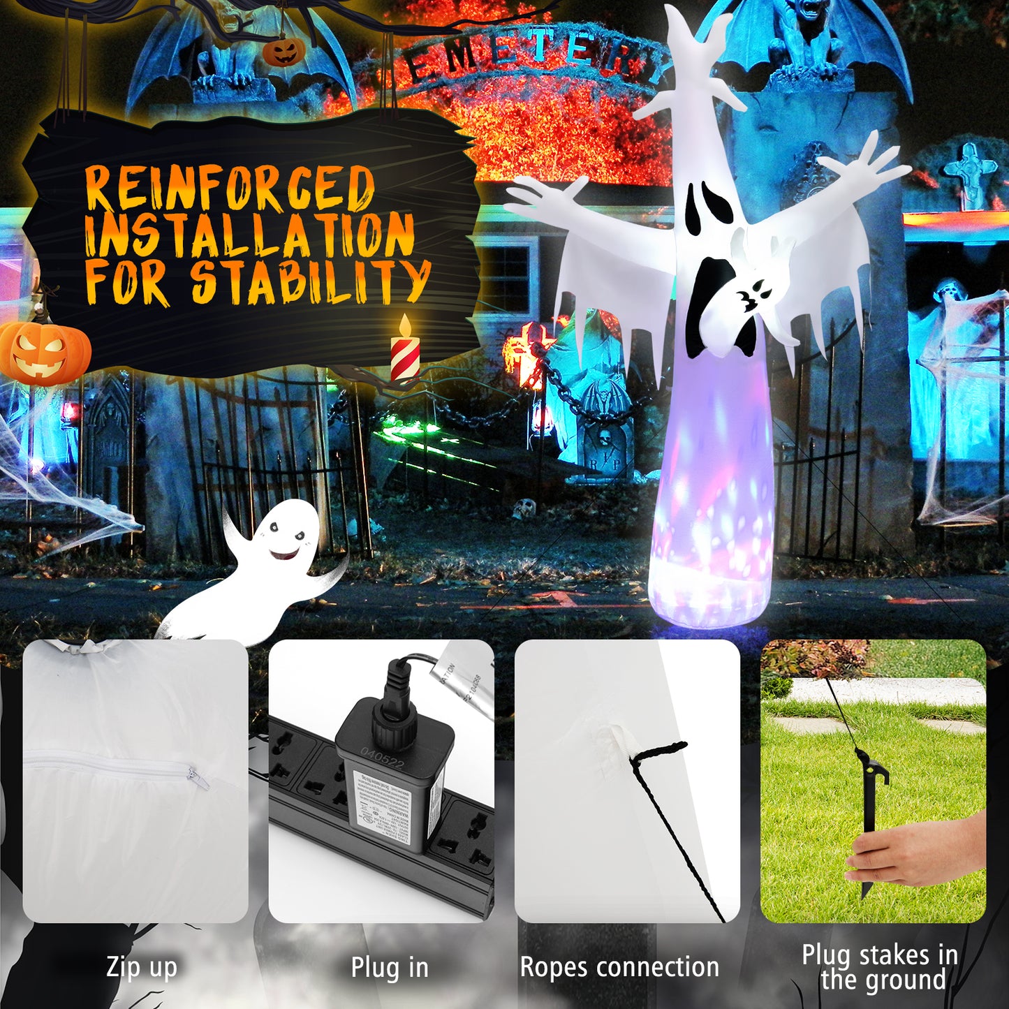 Topbuy 8FT Giant Halloween Inflatable Ghost Blow-up Yard Decoration with Built-in LED Lights & Magic Rotating Lamp Easy Inflation Waterproof Blower