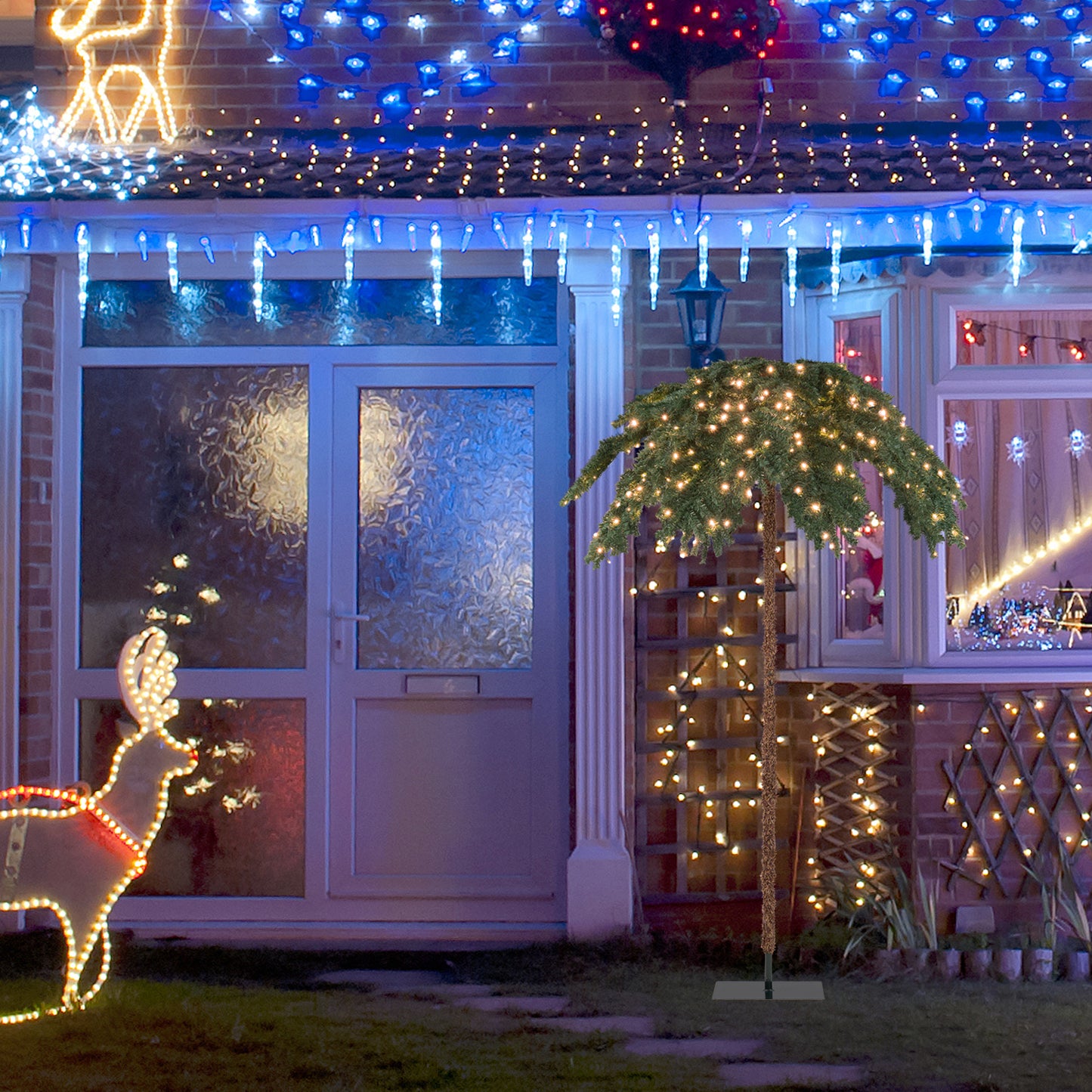 Topbuy 6 ft Led Lighted Christmas Palm Tree Pre-lit Artificial Palm Tree w/250 Led Lights & Metal Base Tropical Style Hinged Christmas Tree