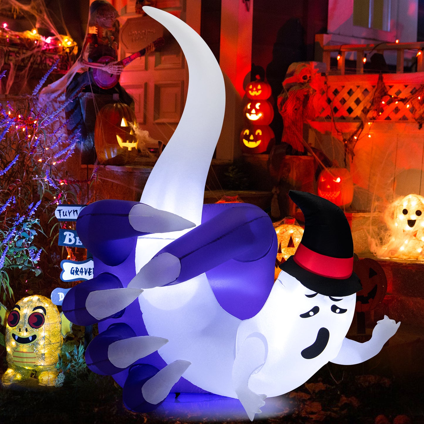 Topbuy 6FT Tall Halloween Inflatable Decoration, White Wizard Hat Ghost Grabbed in Hand Outdoor Decoration with Bright LED Lights