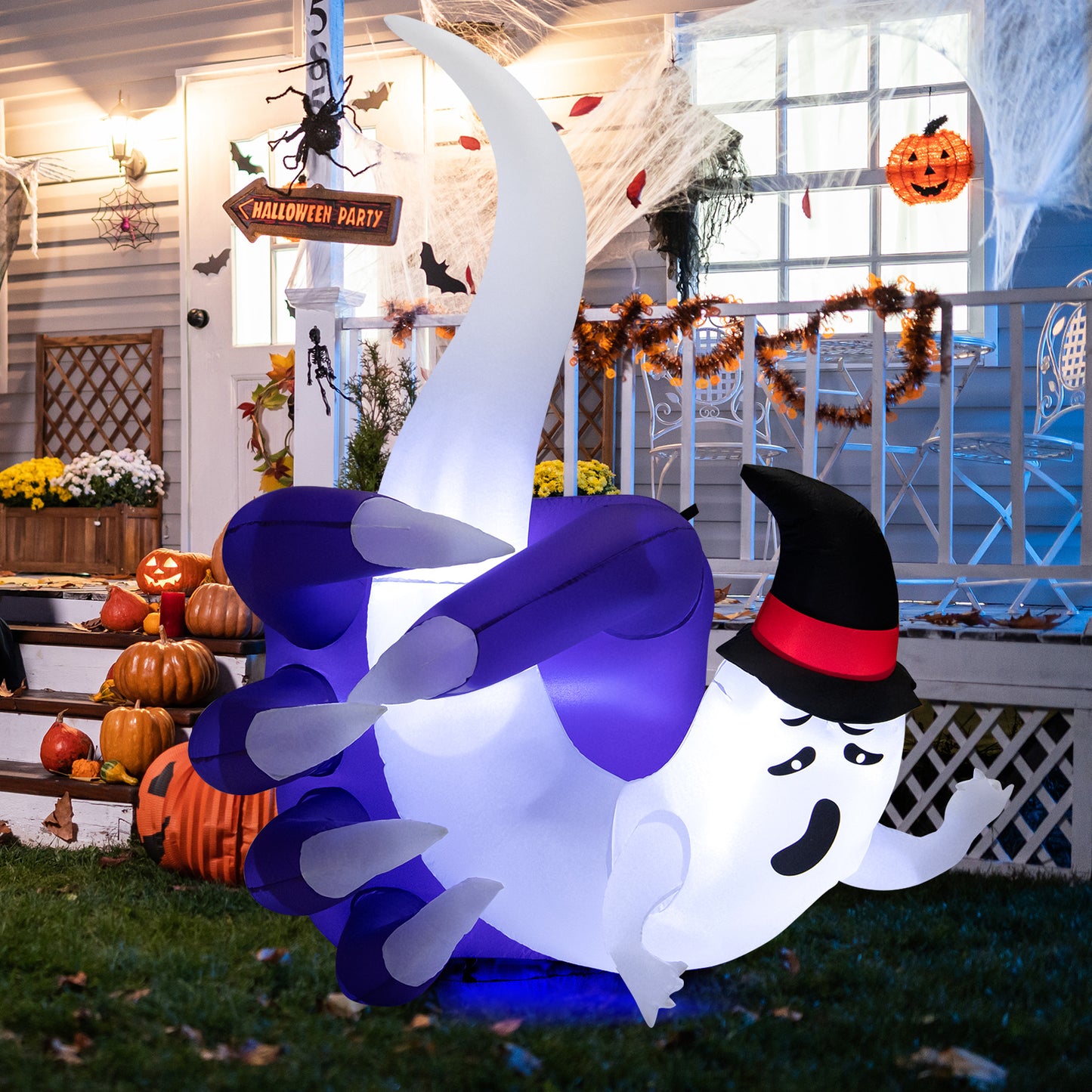 Topbuy 6FT Tall Halloween Inflatable Decoration, White Wizard Hat Ghost Grabbed in Hand Outdoor Decoration with Bright LED Lights