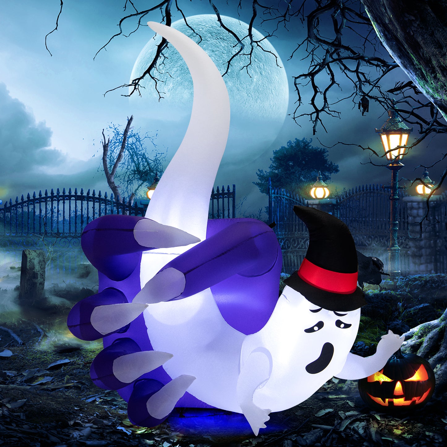 Topbuy 6FT Tall Halloween Inflatable Decoration, White Wizard Hat Ghost Grabbed in Hand Outdoor Decoration with Bright LED Lights