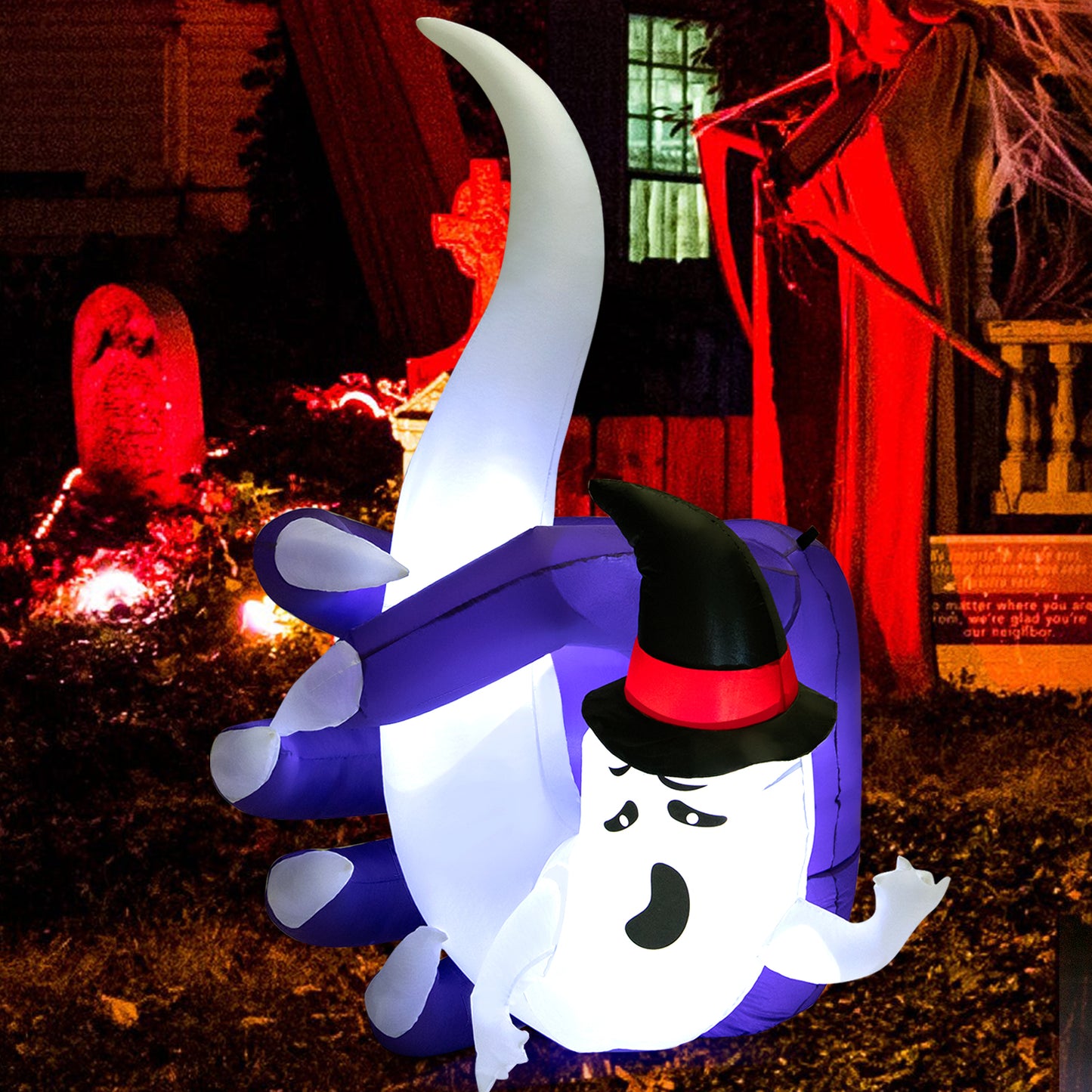 Topbuy 6FT Tall Halloween Inflatable Decoration, White Wizard Hat Ghost Grabbed in Hand Outdoor Decoration with Bright LED Lights