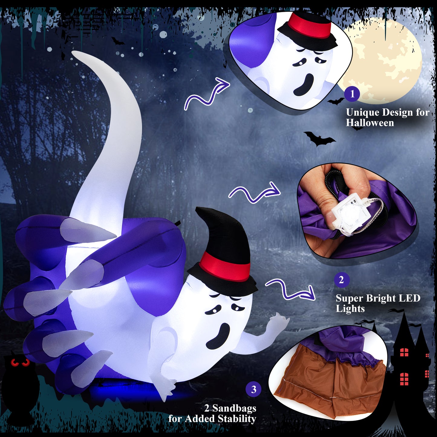 Topbuy 6FT Tall Halloween Inflatable Decoration, White Wizard Hat Ghost Grabbed in Hand Outdoor Decoration with Bright LED Lights