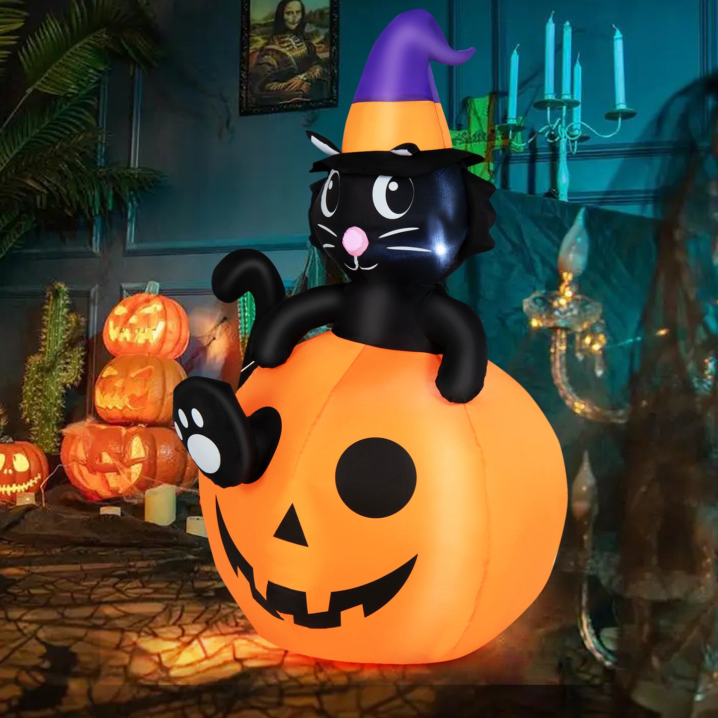 Topbuy 5FT Inflatable Halloween Cute Cat on Pumpkin LED Blow up Lighted Black Cat W/ Pumpkin Decoration, Inflatable Pumpkin Cat Holiday Decorations