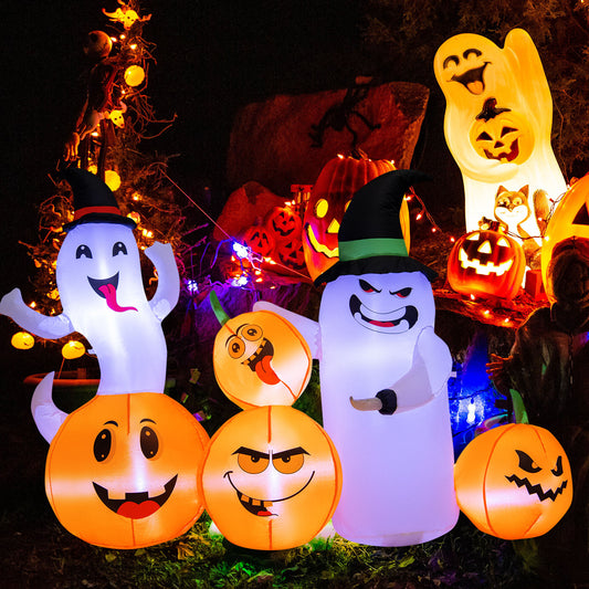 Topbuy 6 FT Halloween Inflatable Pumpkins & Ghosts Indoor Outdoor Party Decoration w/Bright LED Lights Powerful Blower Blow up Pumpkin Ghost w/ Witch Wizard Hat