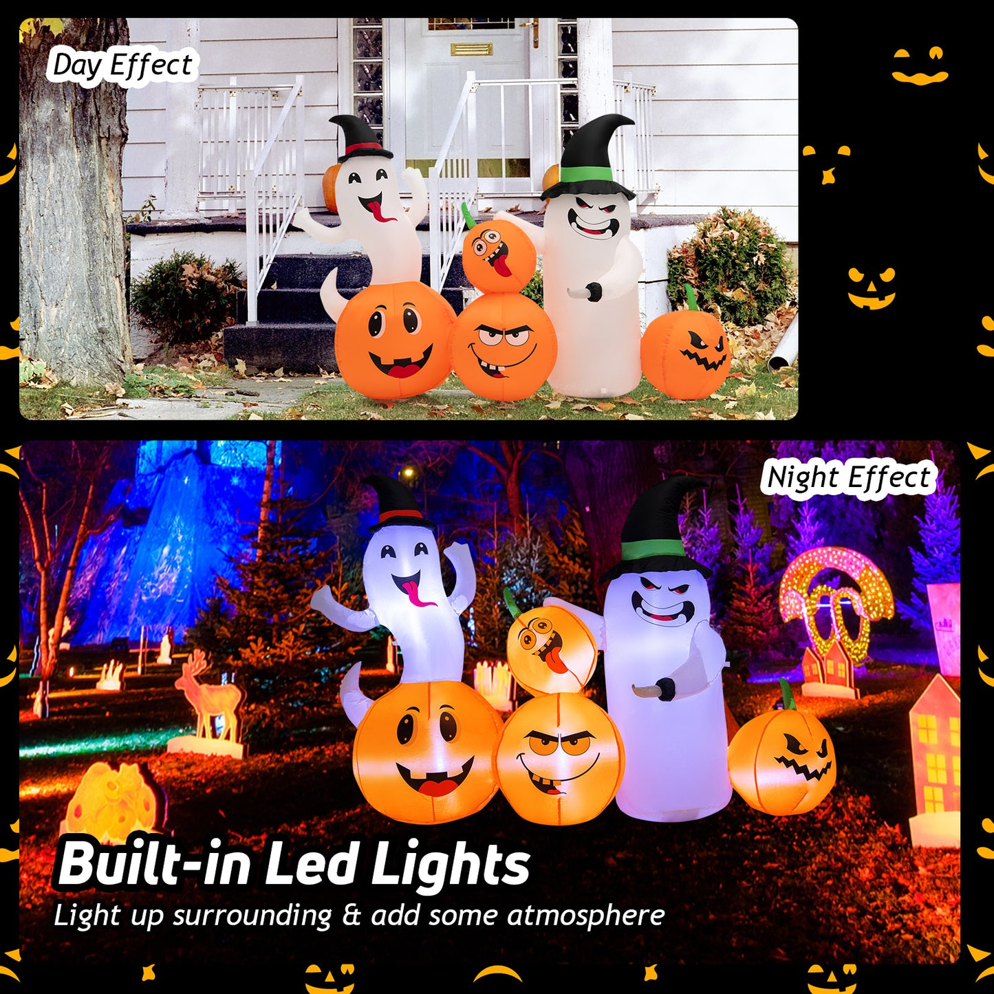 Topbuy 6 FT Halloween Inflatable Pumpkins & Ghosts Indoor Outdoor Party Decoration w/Bright LED Lights Powerful Blower Blow up Pumpkin Ghost w/ Witch Wizard Hat